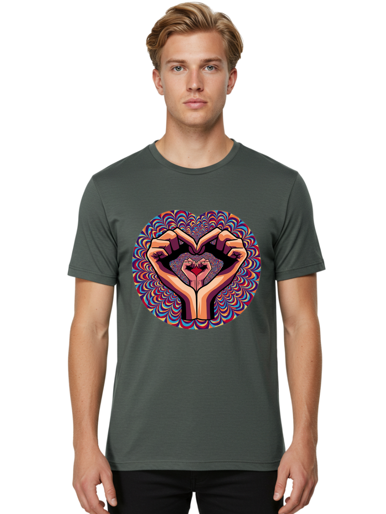 Hands-Forming-Heart-5 Men'S Graphic Tee, 100% Cotton, Comfortable Casual Summer Wear, Machine Washable, Hands Forming A Heart Shape, Psychedelic Art, Rainbow Colors, Vibrant Patterns, Love Symbol, Hand Gesture, Artistic Expression, Bac026 24