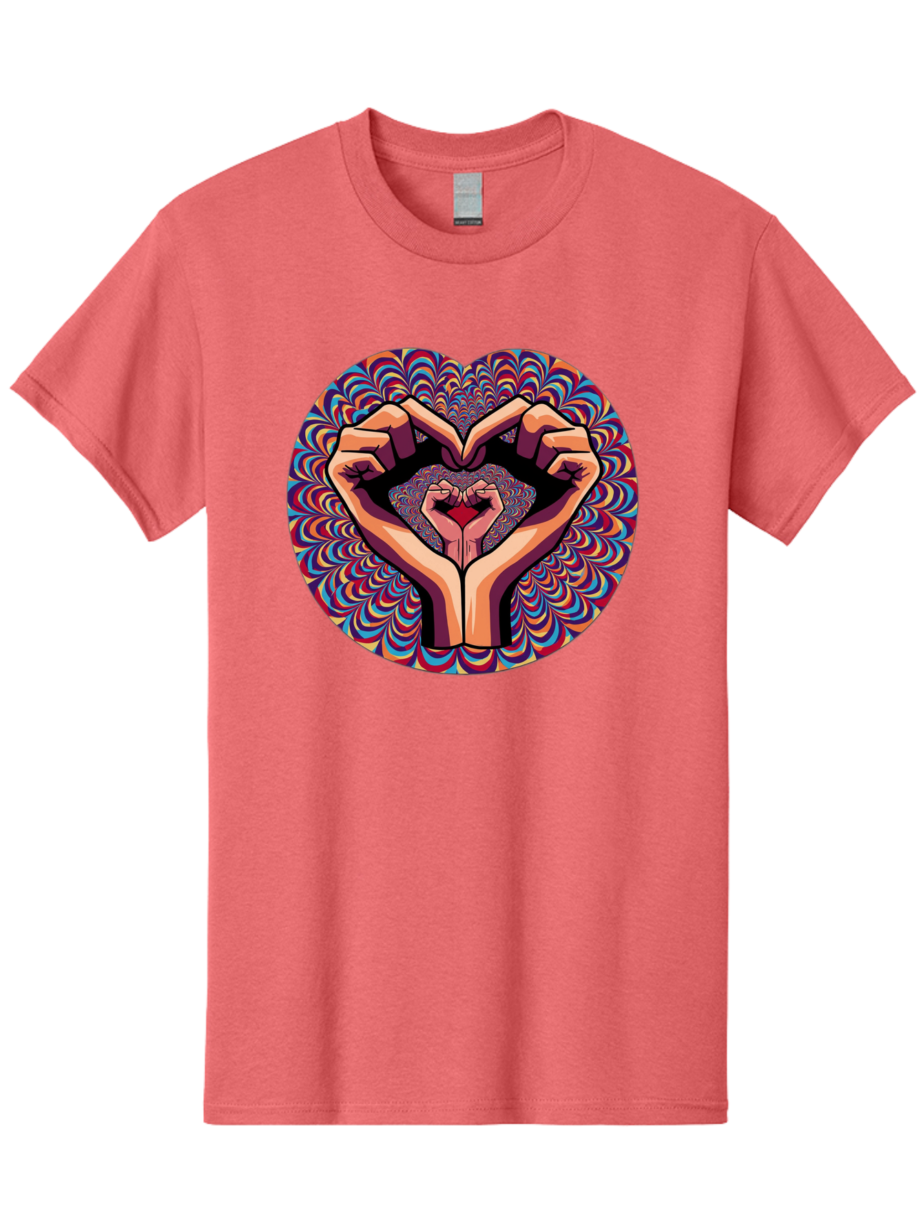 Hands-Forming-Heart-5 Men'S Graphic Tee, 100% Cotton, Comfortable Casual Summer Wear, Machine Washable, Hands Forming A Heart Shape, Psychedelic Art, Rainbow Colors, Vibrant Patterns, Love Symbol, Hand Gesture, Artistic Expression, Bac026 5