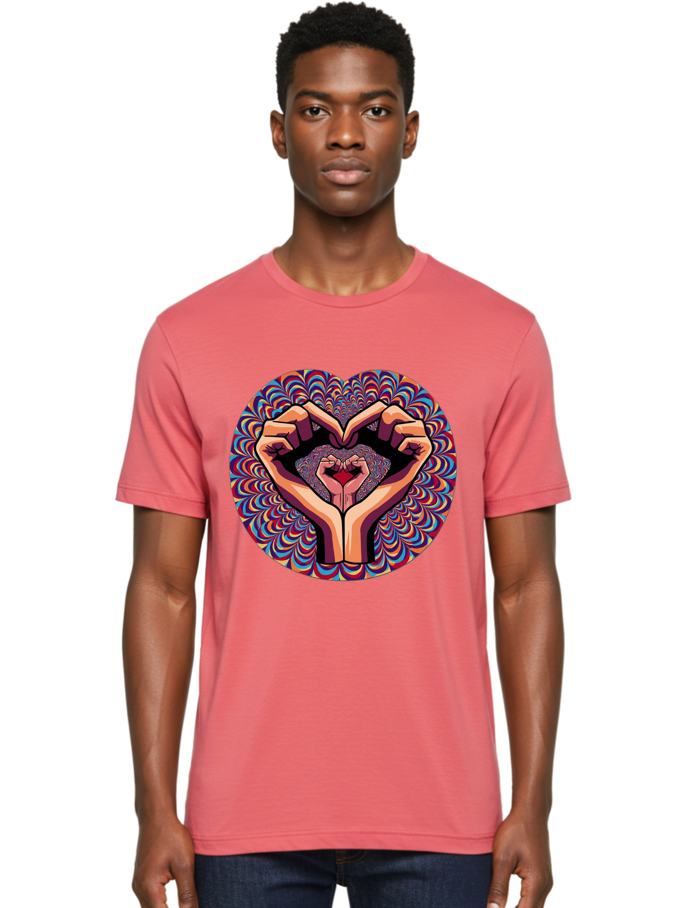 Hands-Forming-Heart-5 Men'S Graphic Tee, 100% Cotton, Comfortable Casual Summer Wear, Machine Washable, Hands Forming A Heart Shape, Psychedelic Art, Rainbow Colors, Vibrant Patterns, Love Symbol, Hand Gesture, Artistic Expression, Bac026 20