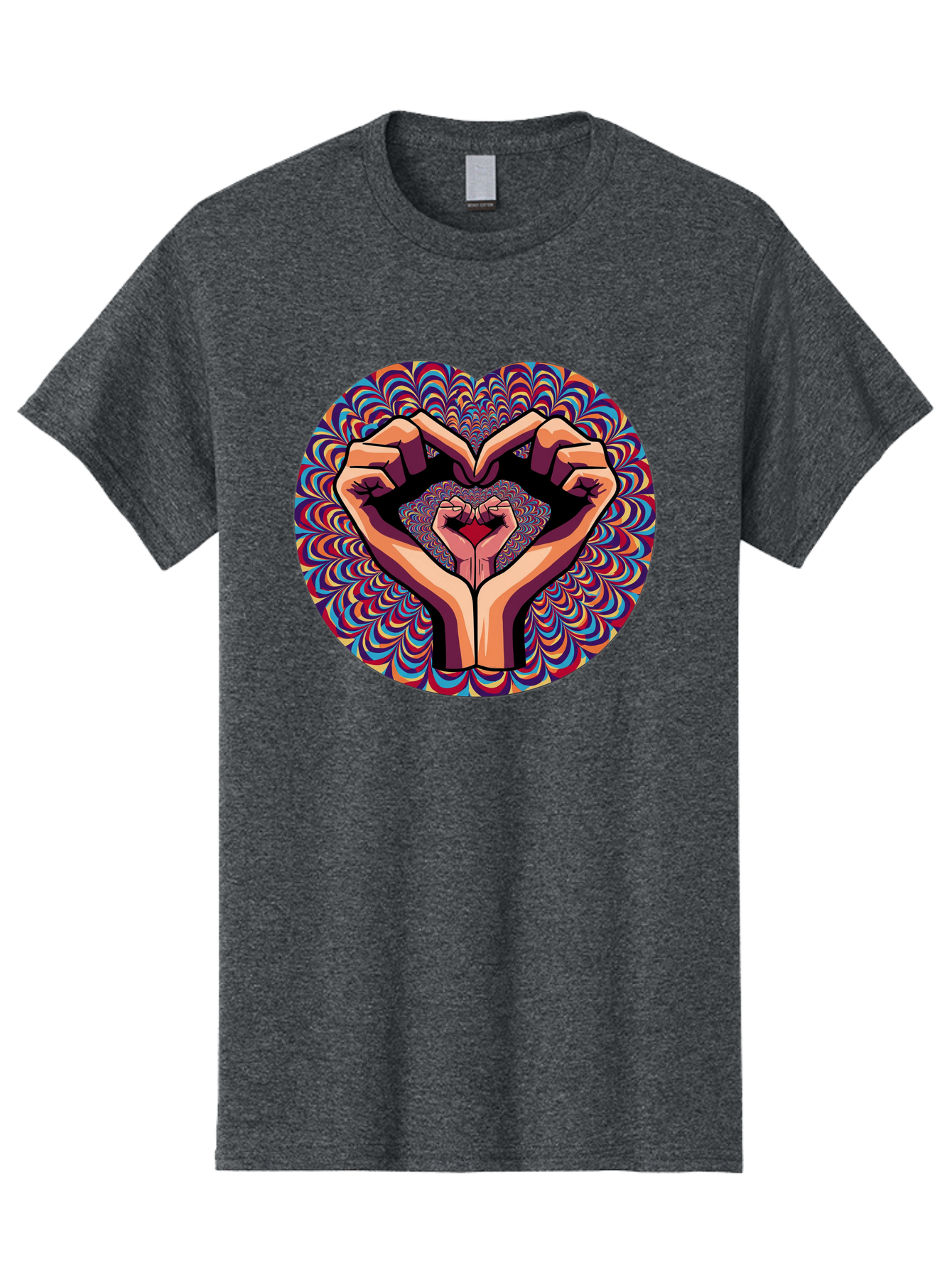 Hands-Forming-Heart-5 Men'S Graphic Tee, 100% Cotton, Comfortable Casual Summer Wear, Machine Washable, Hands Forming A Heart Shape, Psychedelic Art, Rainbow Colors, Vibrant Patterns, Love Symbol, Hand Gesture, Artistic Expression, Bac026 8