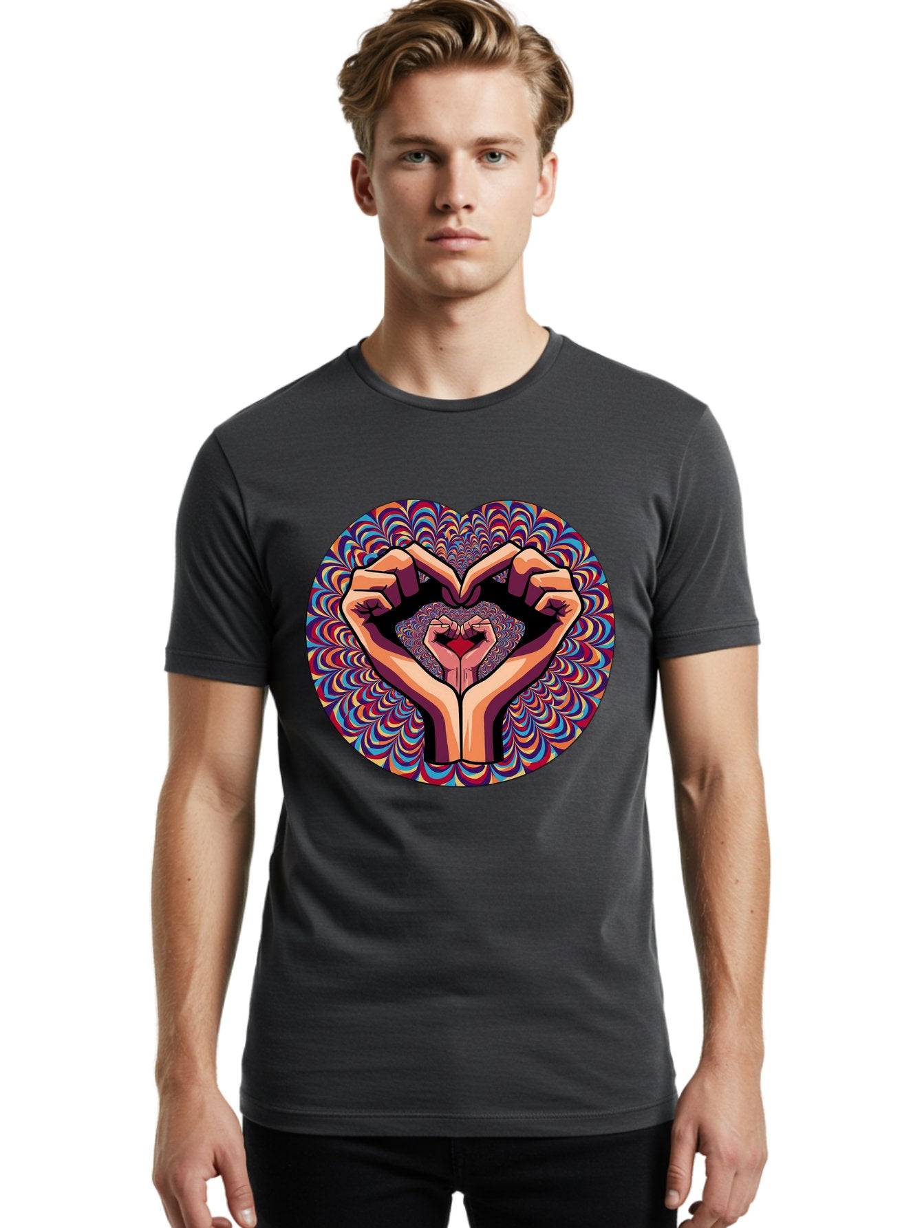 Hands-Forming-Heart-5 Men'S Graphic Tee, 100% Cotton, Comfortable Casual Summer Wear, Machine Washable, Hands Forming A Heart Shape, Psychedelic Art, Rainbow Colors, Vibrant Patterns, Love Symbol, Hand Gesture, Artistic Expression, Bac026 23