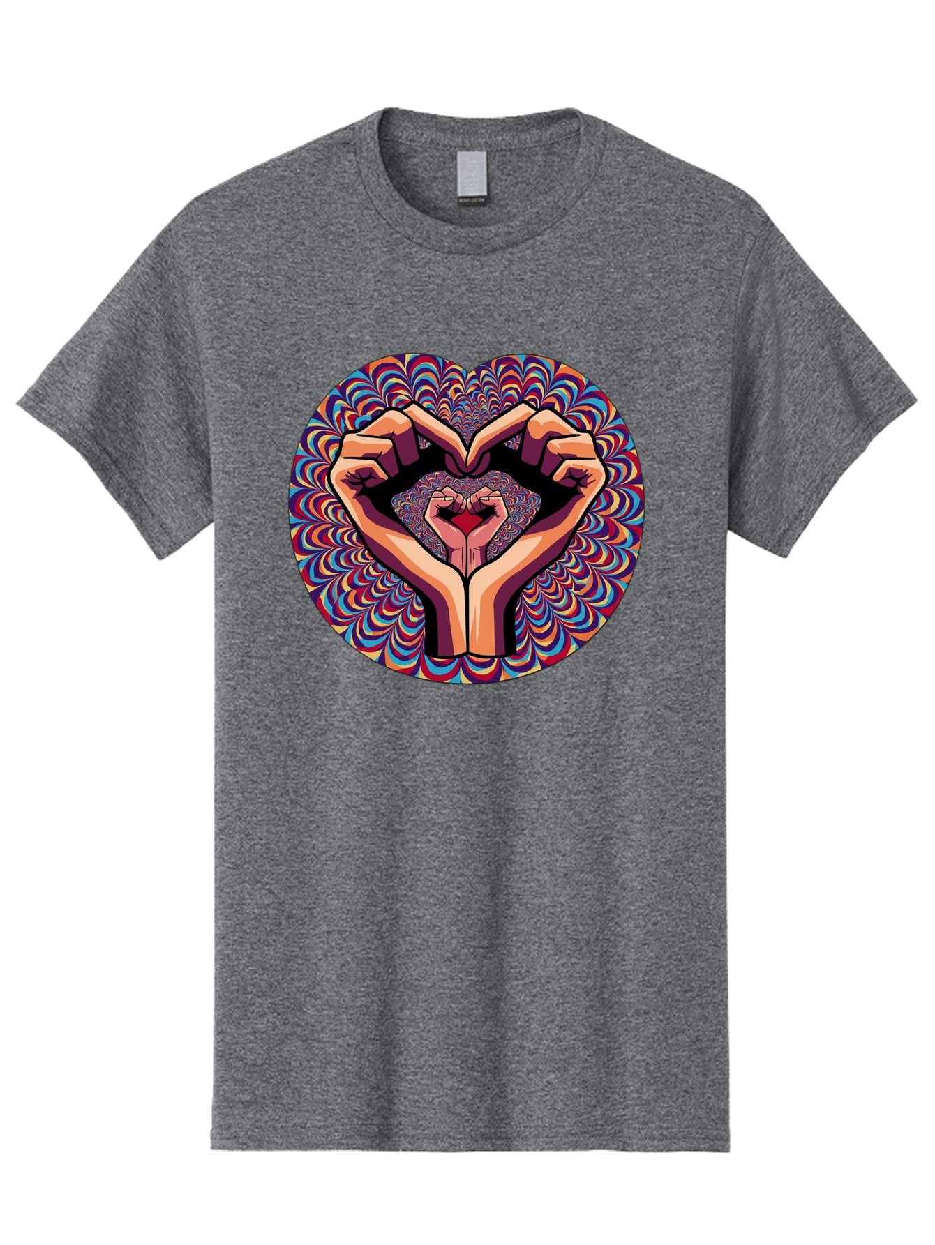 Hands-Forming-Heart-5 Men'S Graphic Tee, 100% Cotton, Comfortable Casual Summer Wear, Machine Washable, Hands Forming A Heart Shape, Psychedelic Art, Rainbow Colors, Vibrant Patterns, Love Symbol, Hand Gesture, Artistic Expression, Bac026 11