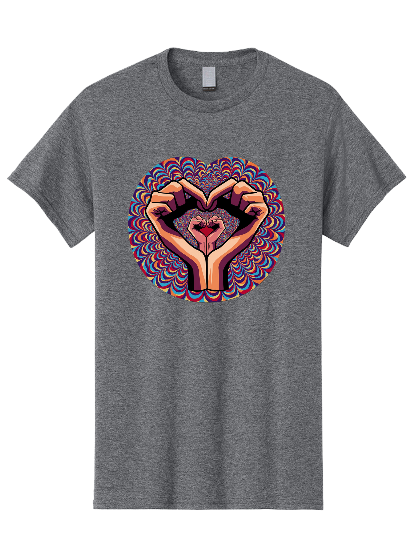 Hands-Forming-Heart-5 Men'S Graphic Tee, 100% Cotton, Comfortable Casual Summer Wear, Machine Washable, Hands Forming A Heart Shape, Psychedelic Art, Rainbow Colors, Vibrant Patterns, Love Symbol, Hand Gesture, Artistic Expression, Bac026 4