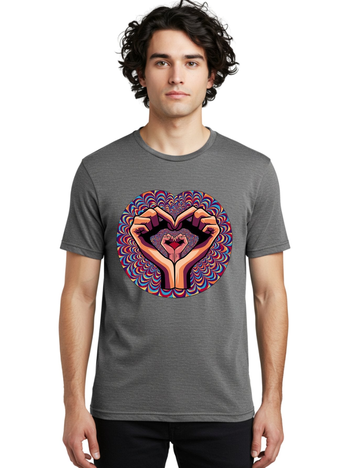 Hands-Forming-Heart-5 Men'S Graphic Tee, 100% Cotton, Comfortable Casual Summer Wear, Machine Washable, Hands Forming A Heart Shape, Psychedelic Art, Rainbow Colors, Vibrant Patterns, Love Symbol, Hand Gesture, Artistic Expression, Bac026 27