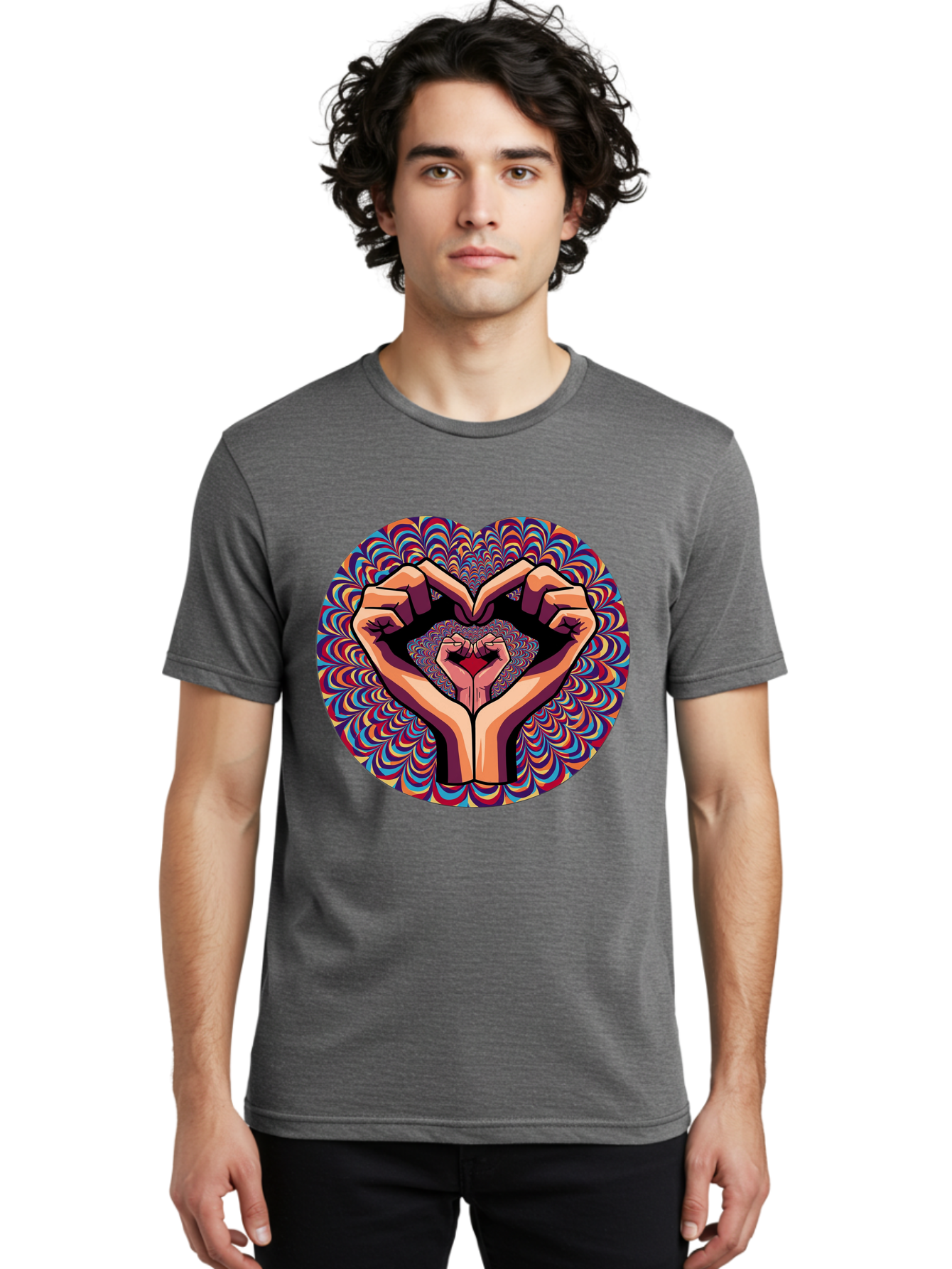 Hands-Forming-Heart-5 Men'S Graphic Tee, 100% Cotton, Comfortable Casual Summer Wear, Machine Washable, Hands Forming A Heart Shape, Psychedelic Art, Rainbow Colors, Vibrant Patterns, Love Symbol, Hand Gesture, Artistic Expression, Bac026 19