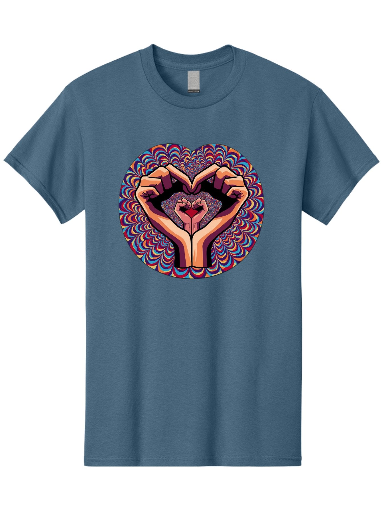 Hands-Forming-Heart-5 Men'S Graphic Tee, 100% Cotton, Comfortable Casual Summer Wear, Machine Washable, Hands Forming A Heart Shape, Psychedelic Art, Rainbow Colors, Vibrant Patterns, Love Symbol, Hand Gesture, Artistic Expression, Bac026 14