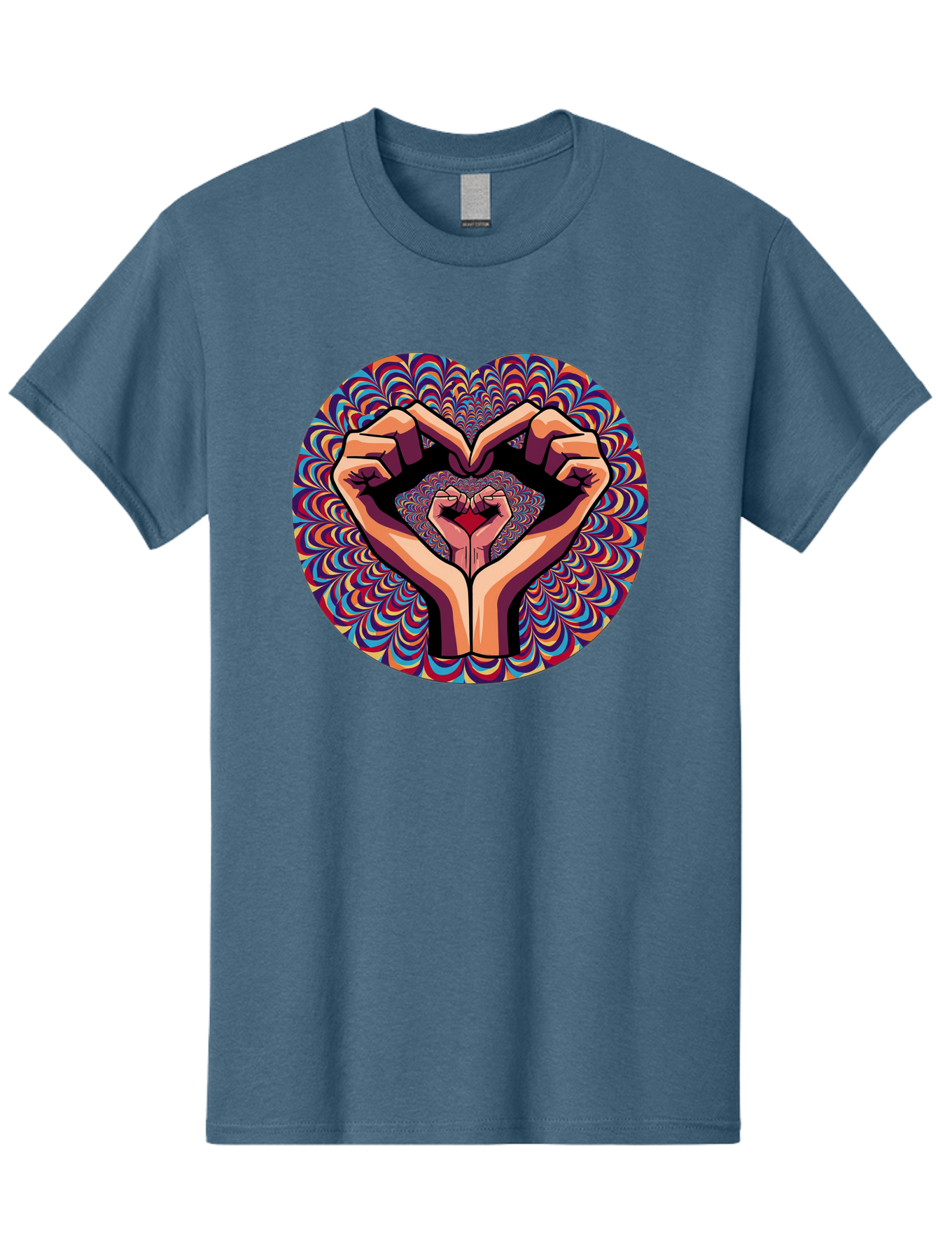 Hands-Forming-Heart-5 Men'S Graphic Tee, 100% Cotton, Comfortable Casual Summer Wear, Machine Washable, Hands Forming A Heart Shape, Psychedelic Art, Rainbow Colors, Vibrant Patterns, Love Symbol, Hand Gesture, Artistic Expression, Bac026