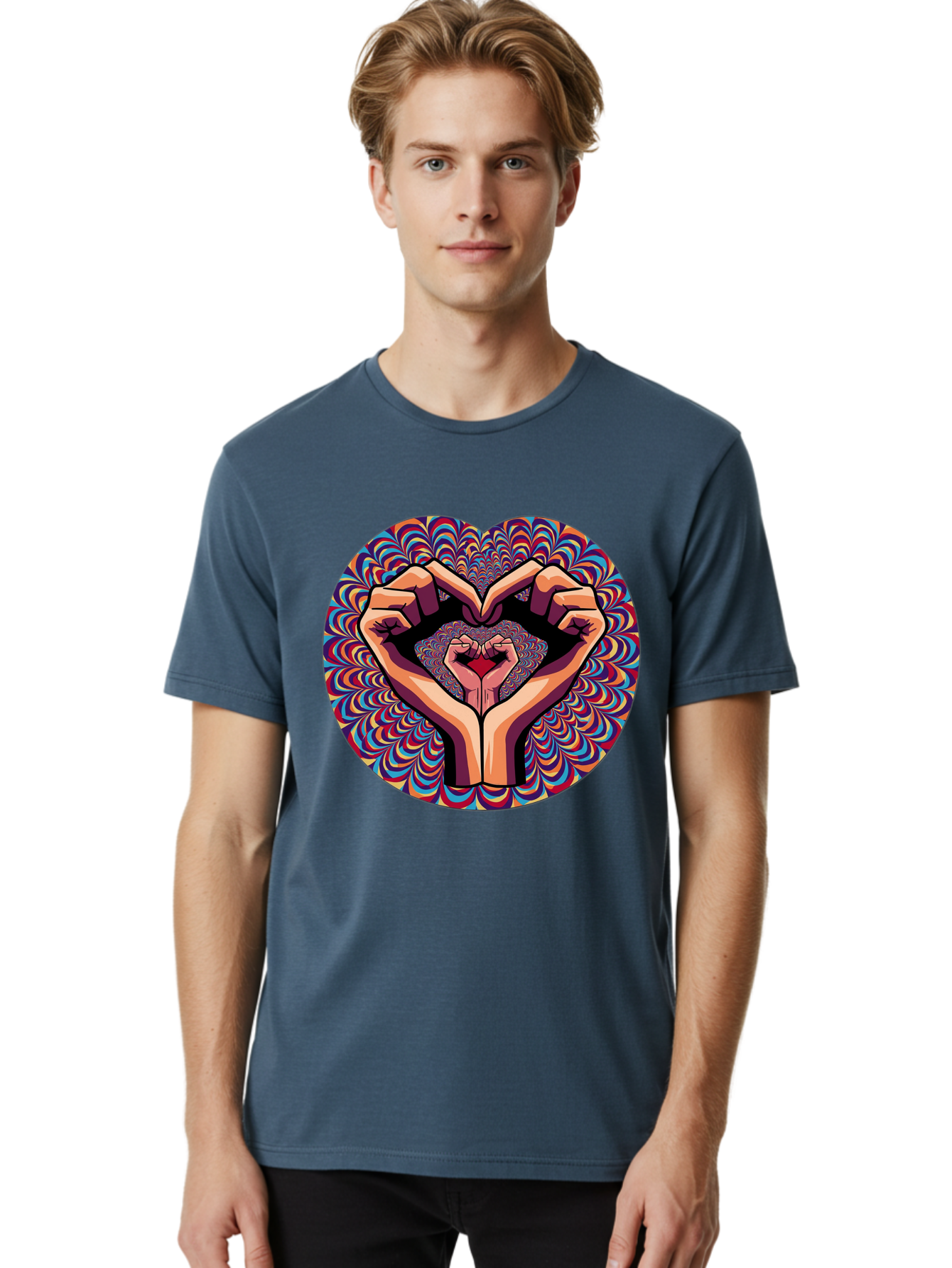 Hands-Forming-Heart-5 Men'S Graphic Tee, 100% Cotton, Comfortable Casual Summer Wear, Machine Washable, Hands Forming A Heart Shape, Psychedelic Art, Rainbow Colors, Vibrant Patterns, Love Symbol, Hand Gesture, Artistic Expression, Bac026 17