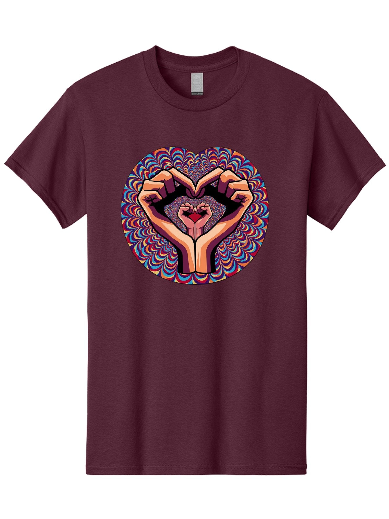 Hands-Forming-Heart-5 Men'S Graphic Tee, 100% Cotton, Comfortable Casual Summer Wear, Machine Washable, Hands Forming A Heart Shape, Psychedelic Art, Rainbow Colors, Vibrant Patterns, Love Symbol, Hand Gesture, Artistic Expression, Bac026