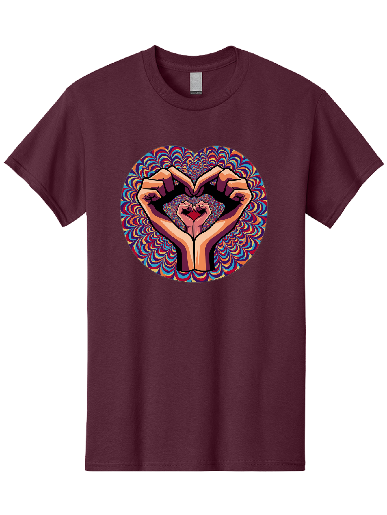 Hands-Forming-Heart-5 Men'S Graphic Tee, 100% Cotton, Comfortable Casual Summer Wear, Machine Washable, Hands Forming A Heart Shape, Psychedelic Art, Rainbow Colors, Vibrant Patterns, Love Symbol, Hand Gesture, Artistic Expression, Bac026 11