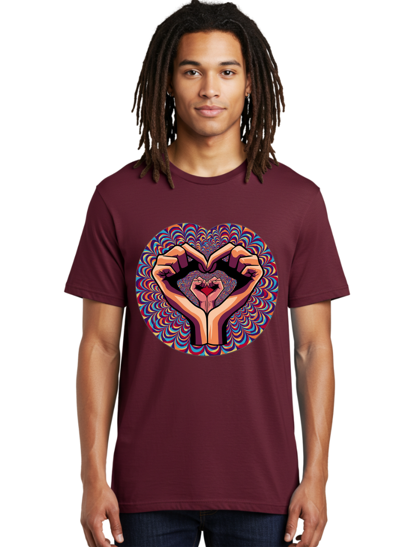 Hands-Forming-Heart-5 Men'S Graphic Tee, 100% Cotton, Comfortable Casual Summer Wear, Machine Washable, Hands Forming A Heart Shape, Psychedelic Art, Rainbow Colors, Vibrant Patterns, Love Symbol, Hand Gesture, Artistic Expression, Bac026 26