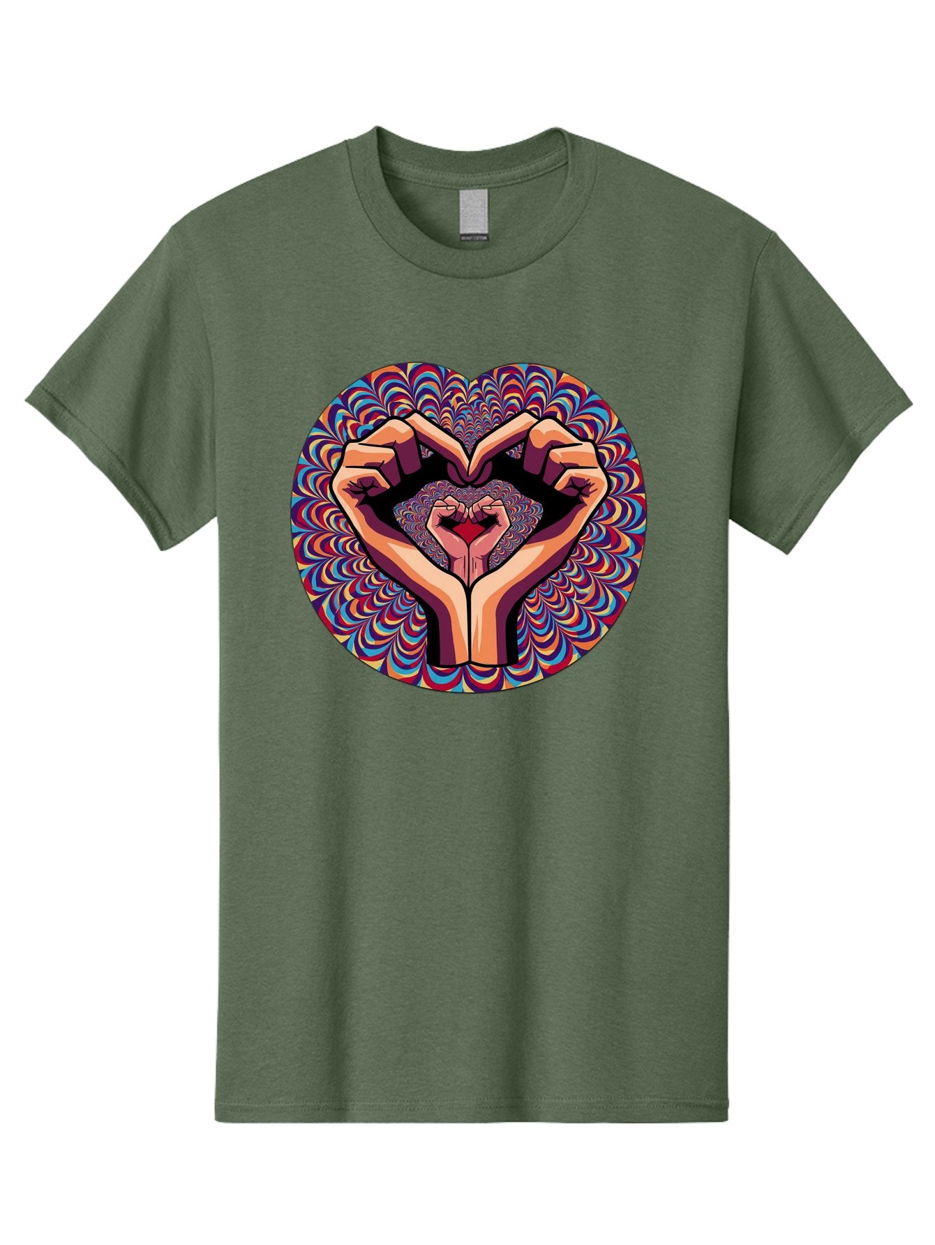 Hands-Forming-Heart-5 Men'S Graphic Tee, 100% Cotton, Comfortable Casual Summer Wear, Machine Washable, Hands Forming A Heart Shape, Psychedelic Art, Rainbow Colors, Vibrant Patterns, Love Symbol, Hand Gesture, Artistic Expression, Bac026 7