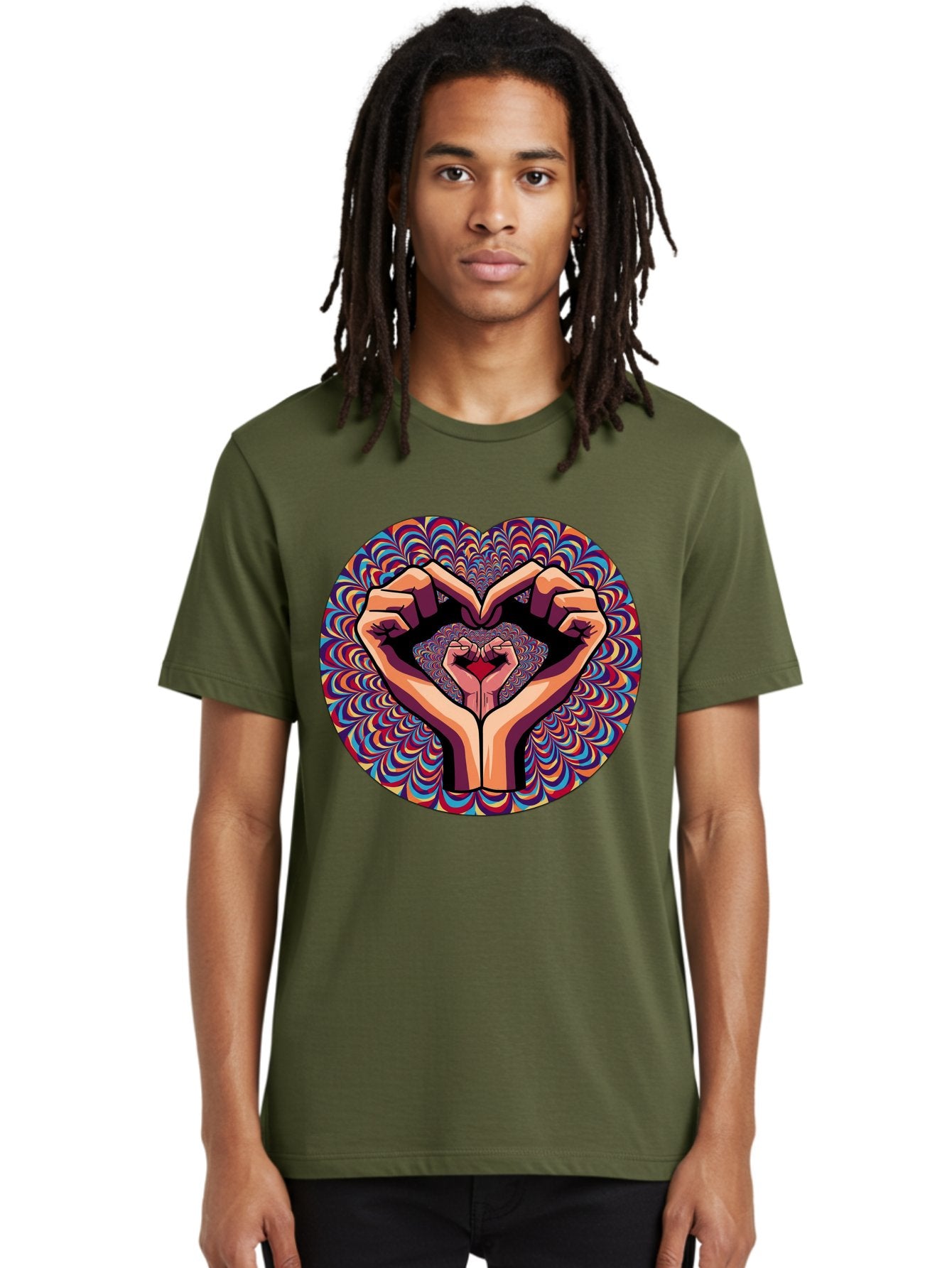 Hands-Forming-Heart-5 Men'S Graphic Tee, 100% Cotton, Comfortable Casual Summer Wear, Machine Washable, Hands Forming A Heart Shape, Psychedelic Art, Rainbow Colors, Vibrant Patterns, Love Symbol, Hand Gesture, Artistic Expression, Bac026 16