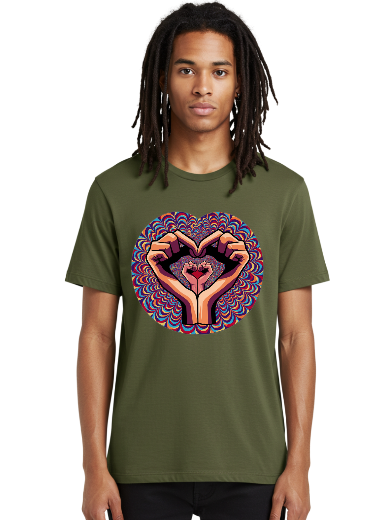 Hands-Forming-Heart-5 Men'S Graphic Tee, 100% Cotton, Comfortable Casual Summer Wear, Machine Washable, Hands Forming A Heart Shape, Psychedelic Art, Rainbow Colors, Vibrant Patterns, Love Symbol, Hand Gesture, Artistic Expression, Bac026 28