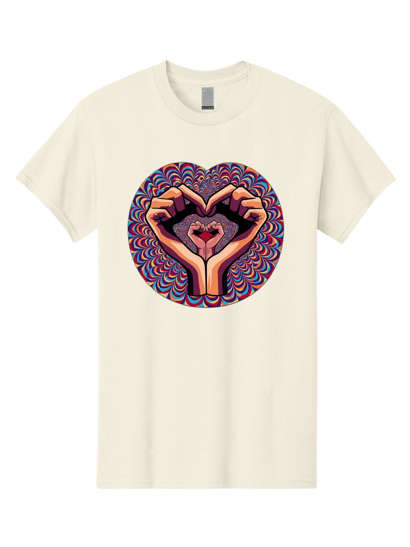 Hands-Forming-Heart-5 Men'S Graphic Tee, 100% Cotton, Comfortable Casual Summer Wear, Machine Washable, Hands Forming A Heart Shape, Psychedelic Art, Rainbow Colors, Vibrant Patterns, Love Symbol, Hand Gesture, Artistic Expression, Bac026 8