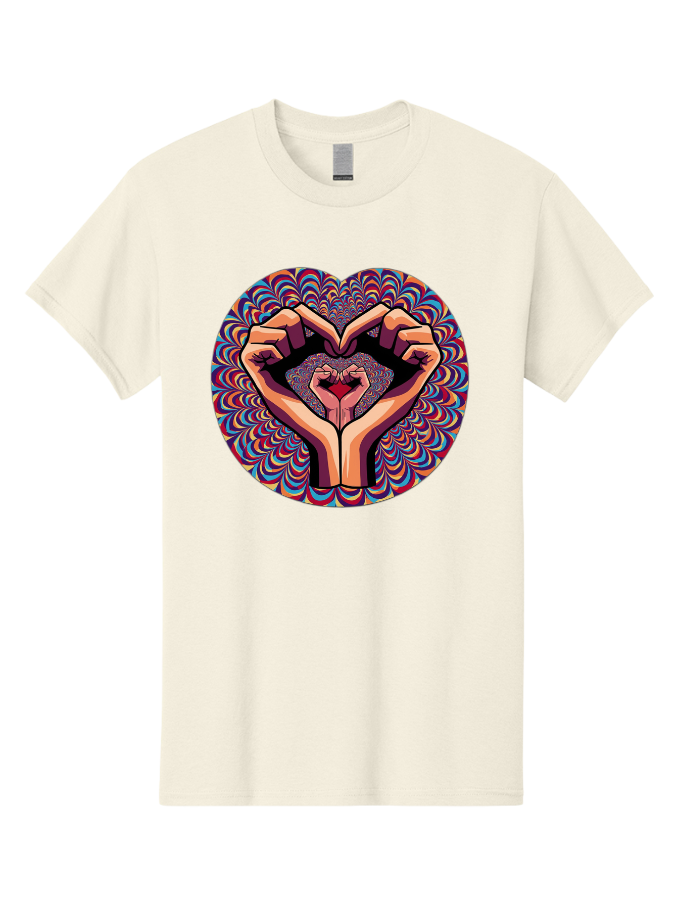 Hands-Forming-Heart-5 Men'S Graphic Tee, 100% Cotton, Comfortable Casual Summer Wear, Machine Washable, Hands Forming A Heart Shape, Psychedelic Art, Rainbow Colors, Vibrant Patterns, Love Symbol, Hand Gesture, Artistic Expression, Bac026 6