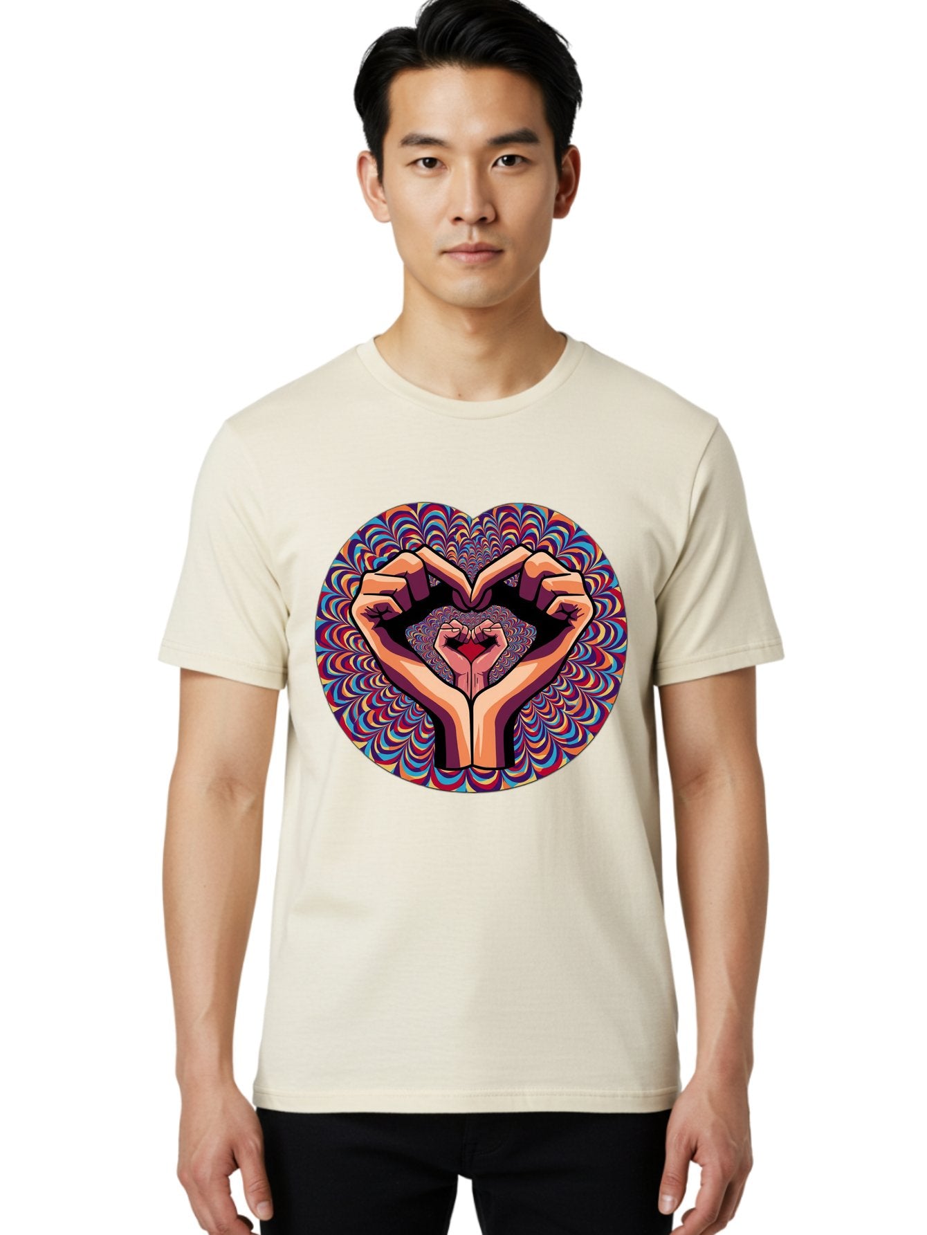 Hands-Forming-Heart-5 Men'S Graphic Tee, 100% Cotton, Comfortable Casual Summer Wear, Machine Washable, Hands Forming A Heart Shape, Psychedelic Art, Rainbow Colors, Vibrant Patterns, Love Symbol, Hand Gesture, Artistic Expression, Bac026 25