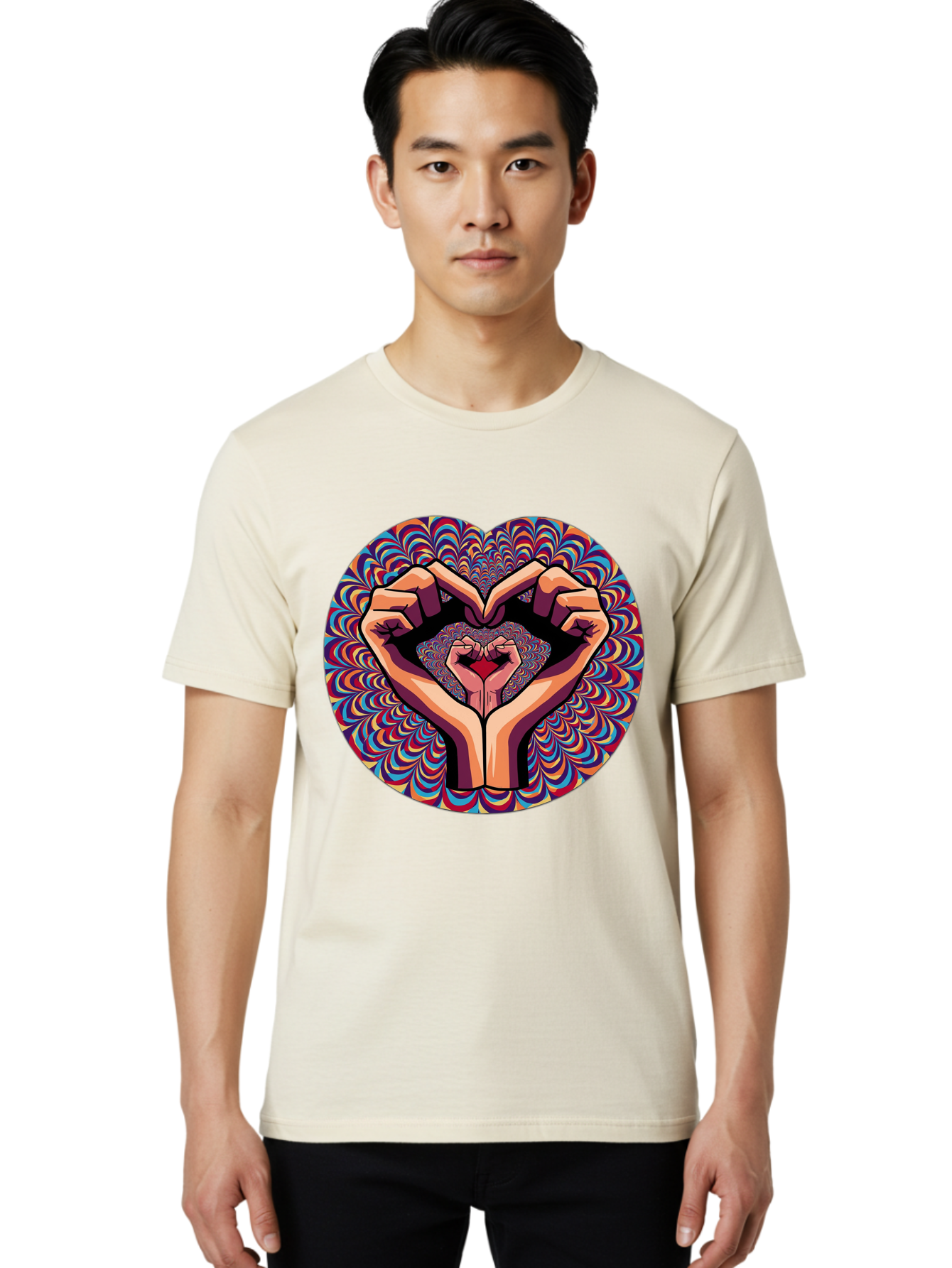 Hands-Forming-Heart-5 Men'S Graphic Tee, 100% Cotton, Comfortable Casual Summer Wear, Machine Washable, Hands Forming A Heart Shape, Psychedelic Art, Rainbow Colors, Vibrant Patterns, Love Symbol, Hand Gesture, Artistic Expression, Bac026 21