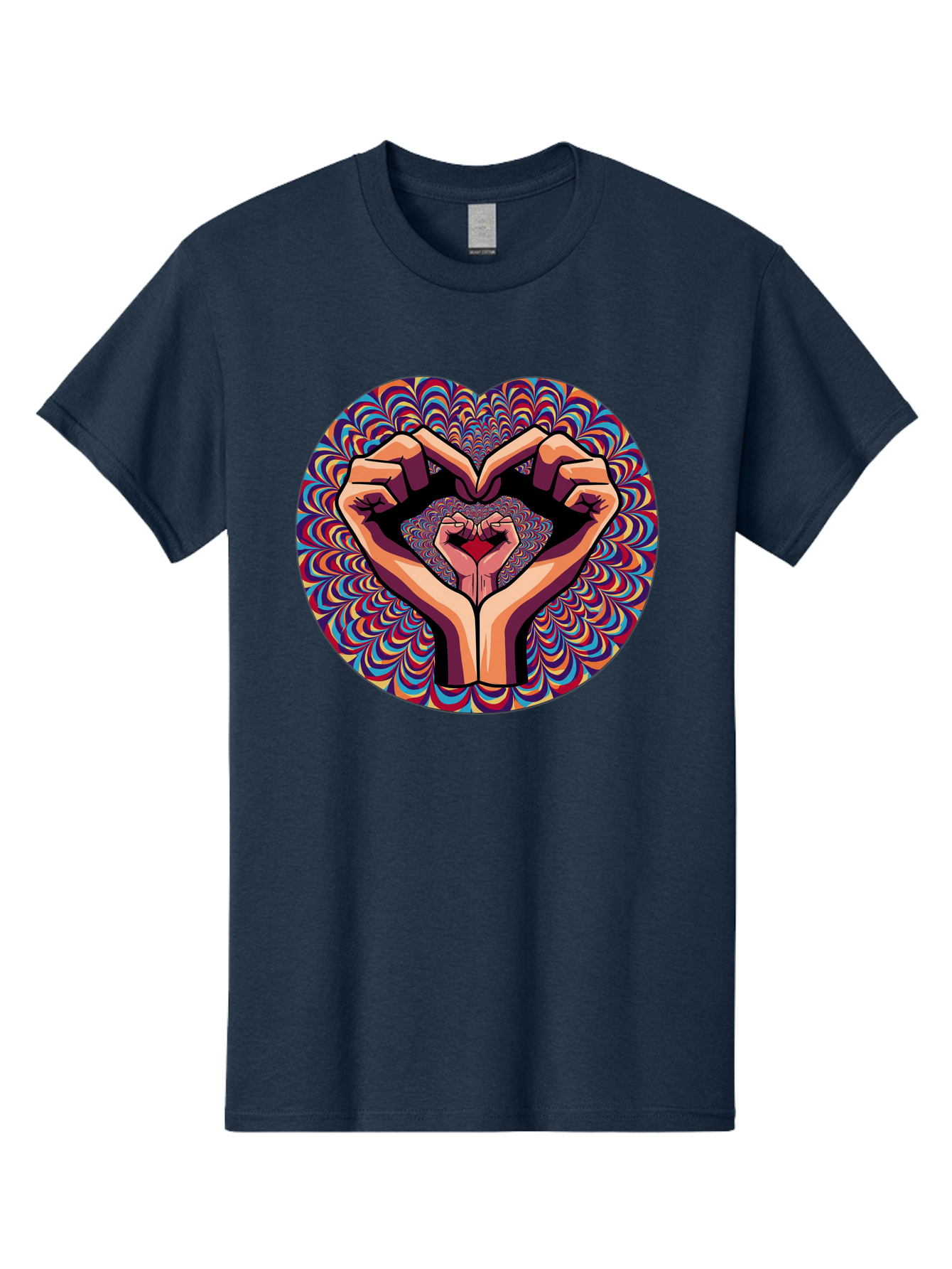 Hands-Forming-Heart-5 Men'S Graphic Tee, 100% Cotton, Comfortable Casual Summer Wear, Machine Washable, Hands Forming A Heart Shape, Psychedelic Art, Rainbow Colors, Vibrant Patterns, Love Symbol, Hand Gesture, Artistic Expression, Bac026 12