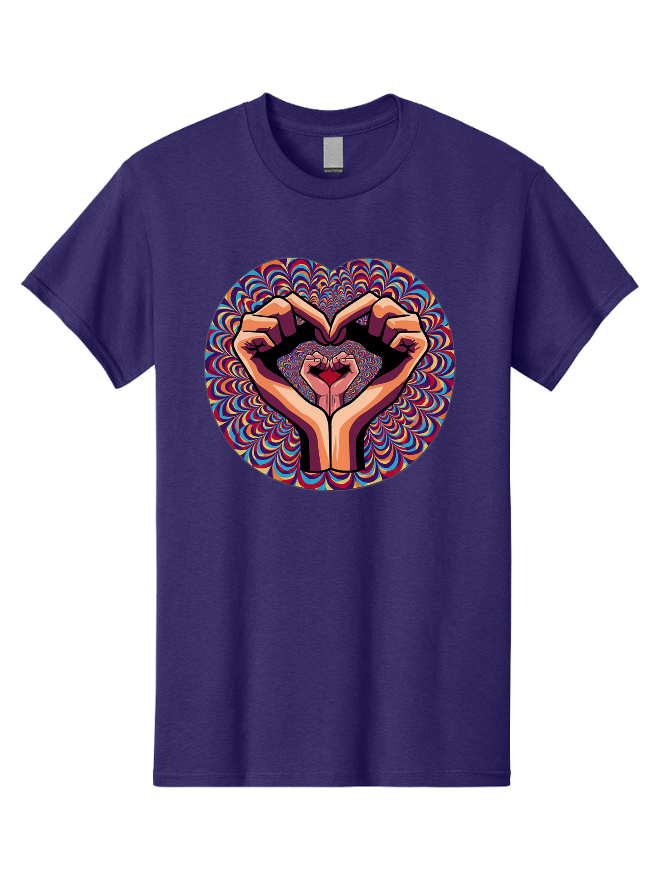 Hands-Forming-Heart-5 Men'S Graphic Tee, 100% Cotton, Comfortable Casual Summer Wear, Machine Washable, Hands Forming A Heart Shape, Psychedelic Art, Rainbow Colors, Vibrant Patterns, Love Symbol, Hand Gesture, Artistic Expression, Bac026 10
