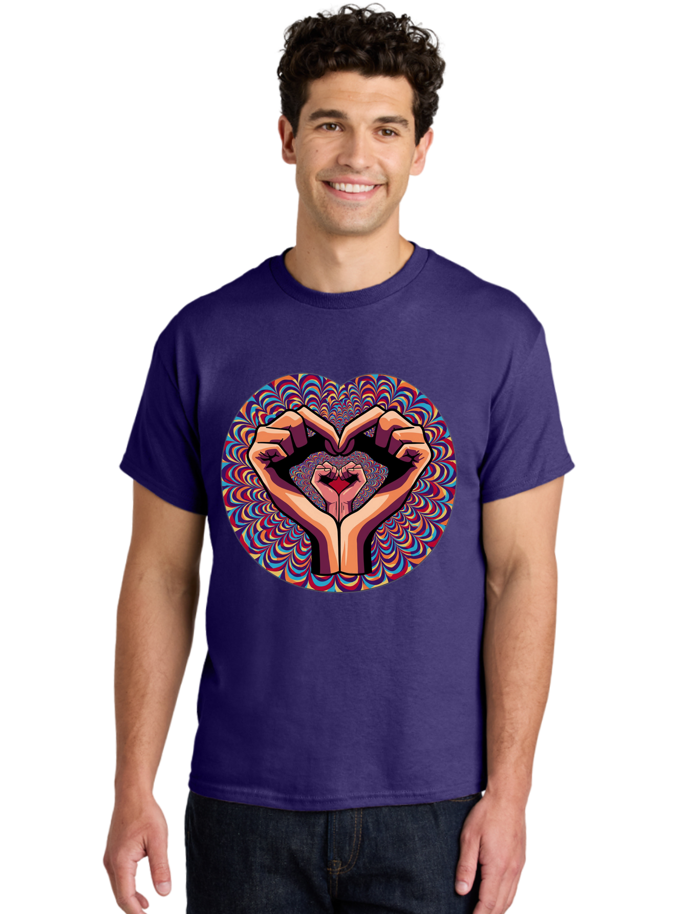 Hands-Forming-Heart-5 Men'S Graphic Tee, 100% Cotton, Comfortable Casual Summer Wear, Machine Washable, Hands Forming A Heart Shape, Psychedelic Art, Rainbow Colors, Vibrant Patterns, Love Symbol, Hand Gesture, Artistic Expression, Bac026 25