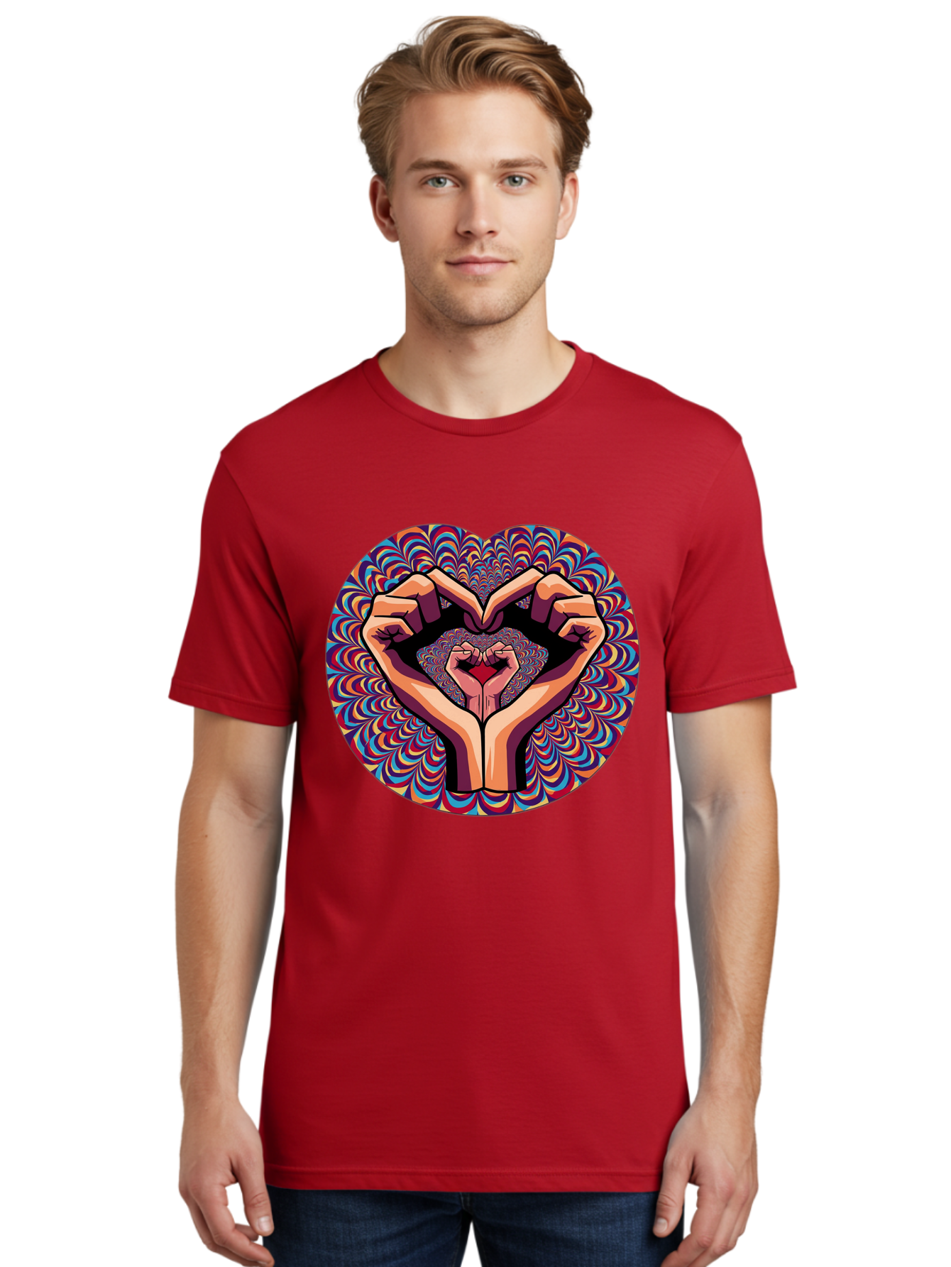 Hands-Forming-Heart-5 Men'S Graphic Tee, 100% Cotton, Comfortable Casual Summer Wear, Machine Washable, Hands Forming A Heart Shape, Psychedelic Art, Rainbow Colors, Vibrant Patterns, Love Symbol, Hand Gesture, Artistic Expression, Bac026 29