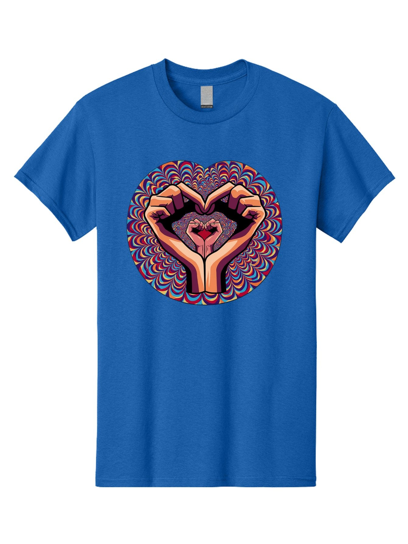 Hands-Forming-Heart-5 Men'S Graphic Tee, 100% Cotton, Comfortable Casual Summer Wear, Machine Washable, Hands Forming A Heart Shape, Psychedelic Art, Rainbow Colors, Vibrant Patterns, Love Symbol, Hand Gesture, Artistic Expression, Bac026 15