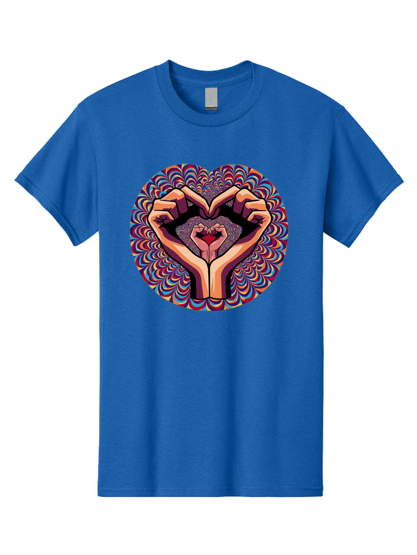 Hands-Forming-Heart-5 Men'S Graphic Tee, 100% Cotton, Comfortable Casual Summer Wear, Machine Washable, Hands Forming A Heart Shape, Psychedelic Art, Rainbow Colors, Vibrant Patterns, Love Symbol, Hand Gesture, Artistic Expression, Bac026
