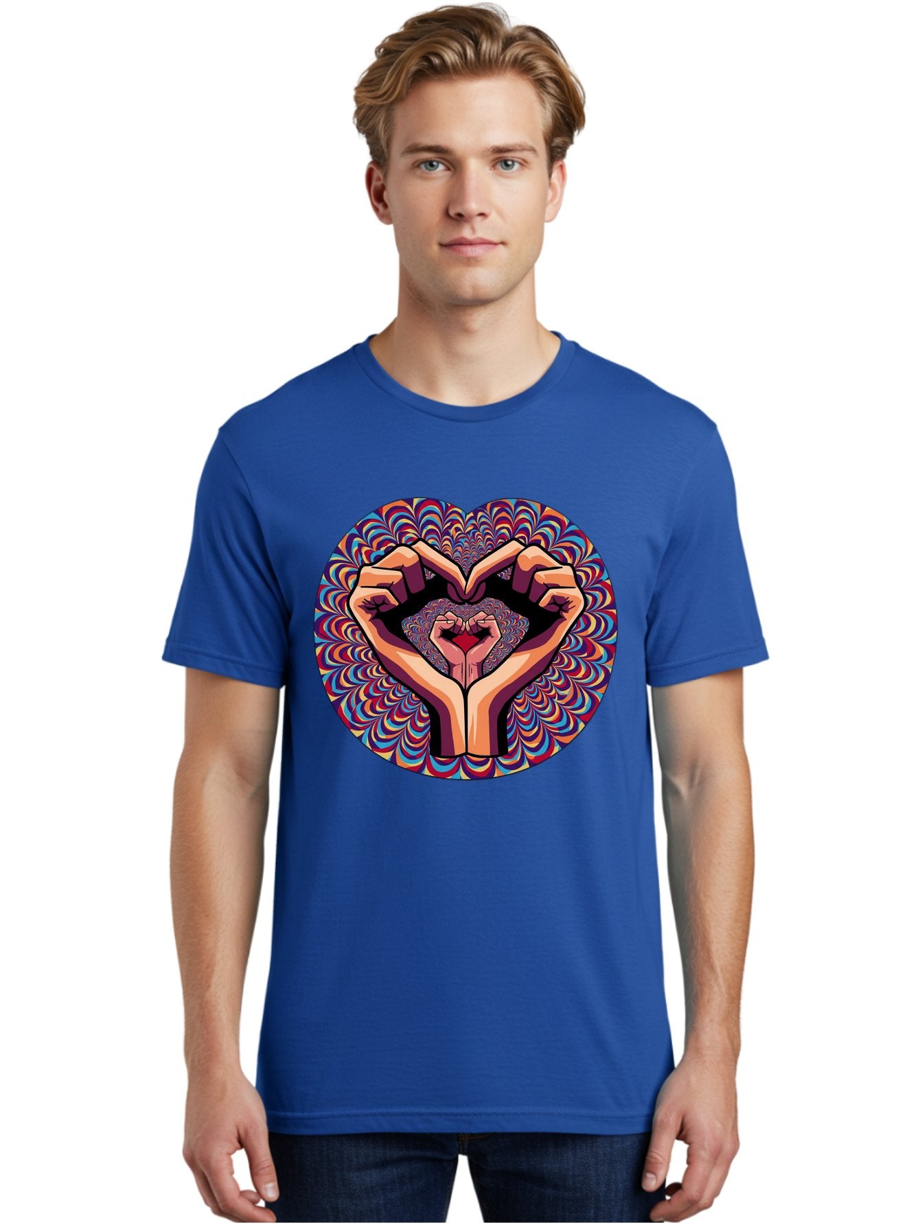 Hands-Forming-Heart-5 Men'S Graphic Tee, 100% Cotton, Comfortable Casual Summer Wear, Machine Washable, Hands Forming A Heart Shape, Psychedelic Art, Rainbow Colors, Vibrant Patterns, Love Symbol, Hand Gesture, Artistic Expression, Bac026 30