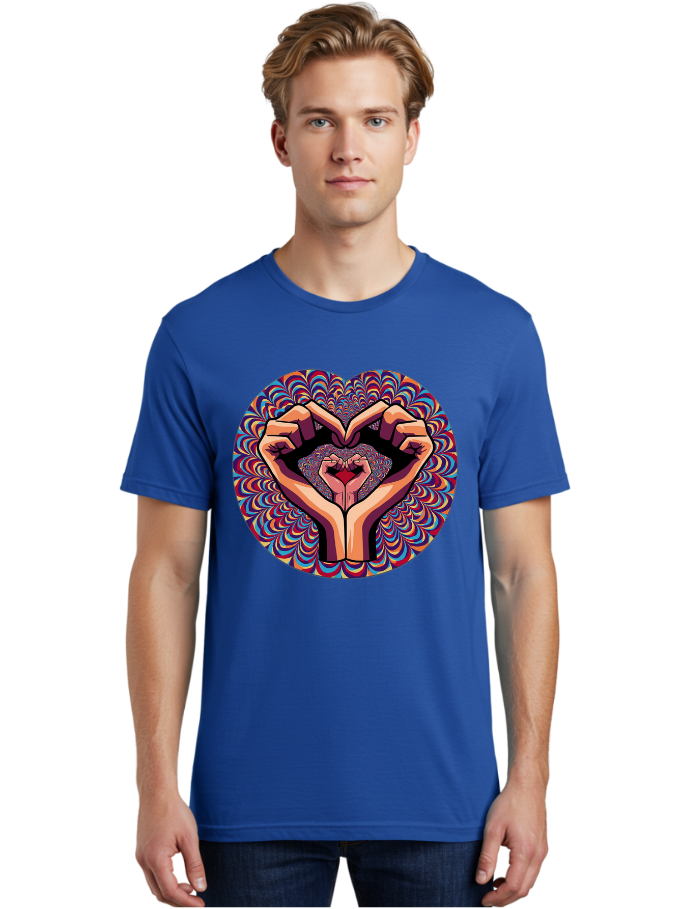 Hands-Forming-Heart-5 Men'S Graphic Tee, 100% Cotton, Comfortable Casual Summer Wear, Machine Washable, Hands Forming A Heart Shape, Psychedelic Art, Rainbow Colors, Vibrant Patterns, Love Symbol, Hand Gesture, Artistic Expression, Bac026 16