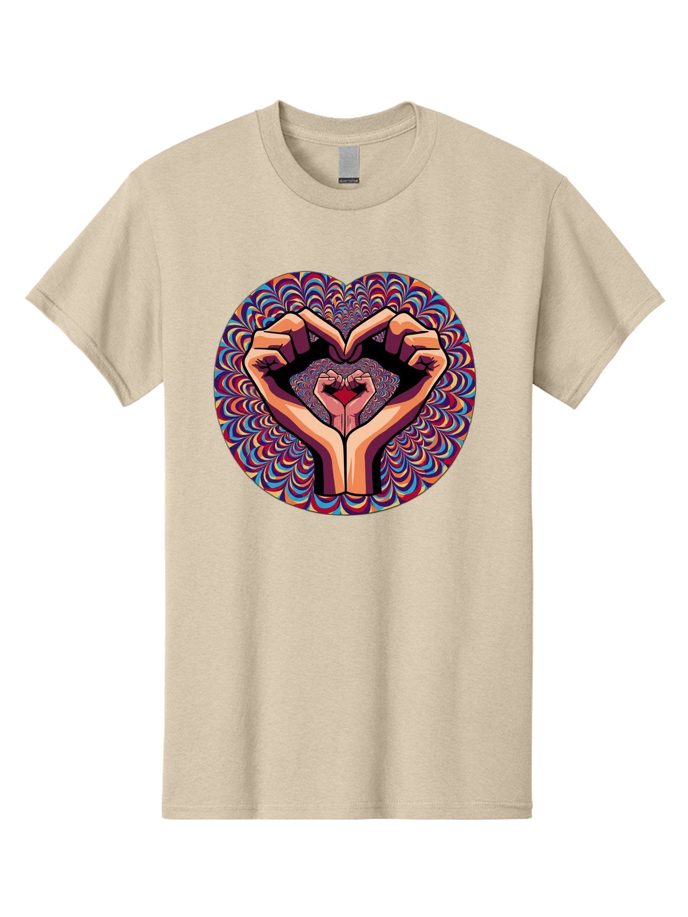 Hands-Forming-Heart-5 Men'S Graphic Tee, 100% Cotton, Comfortable Casual Summer Wear, Machine Washable, Hands Forming A Heart Shape, Psychedelic Art, Rainbow Colors, Vibrant Patterns, Love Symbol, Hand Gesture, Artistic Expression, Bac026 6