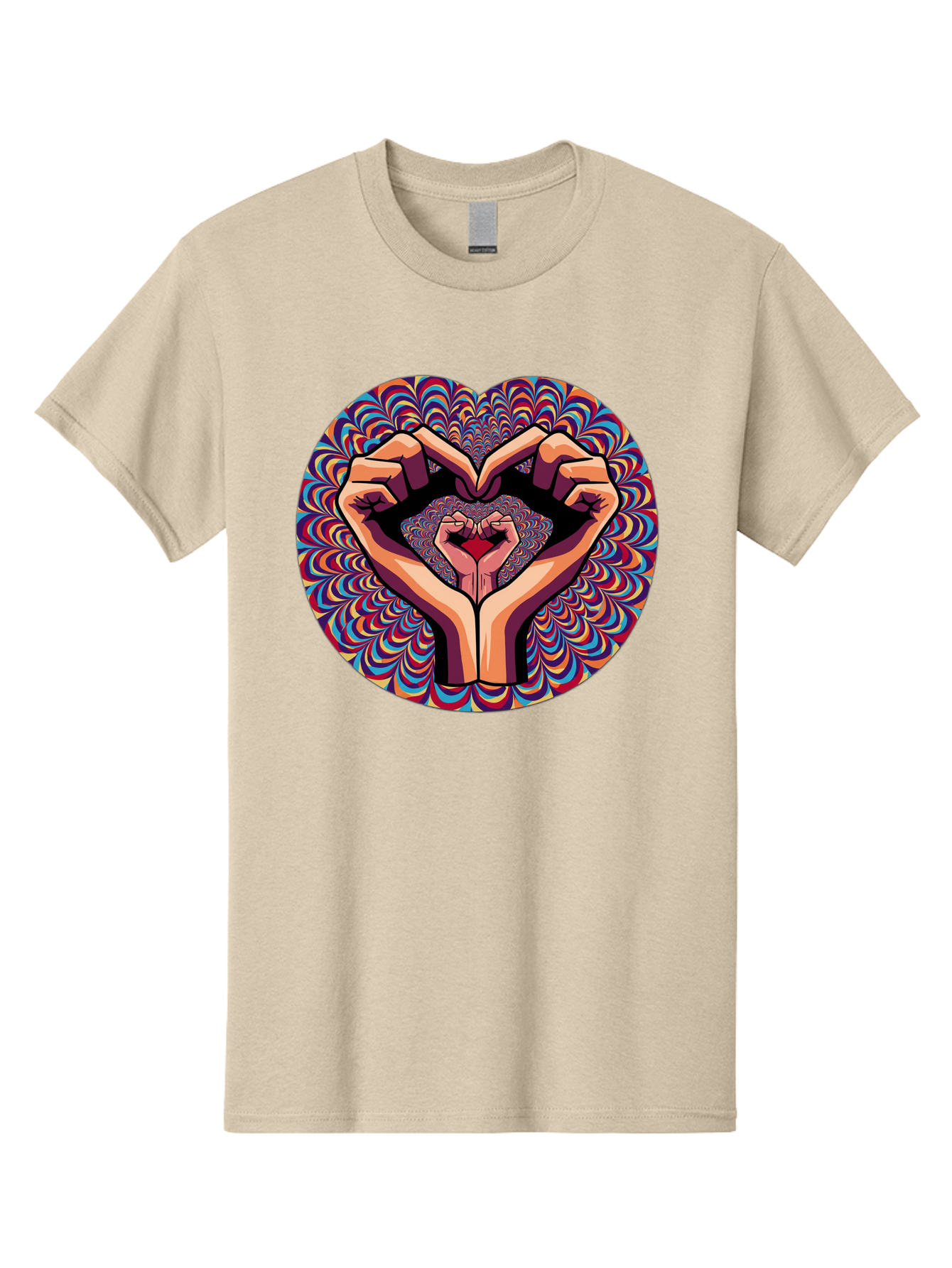 Hands-Forming-Heart-5 Men'S Graphic Tee, 100% Cotton, Comfortable Casual Summer Wear, Machine Washable, Hands Forming A Heart Shape, Psychedelic Art, Rainbow Colors, Vibrant Patterns, Love Symbol, Hand Gesture, Artistic Expression, Bac026 7