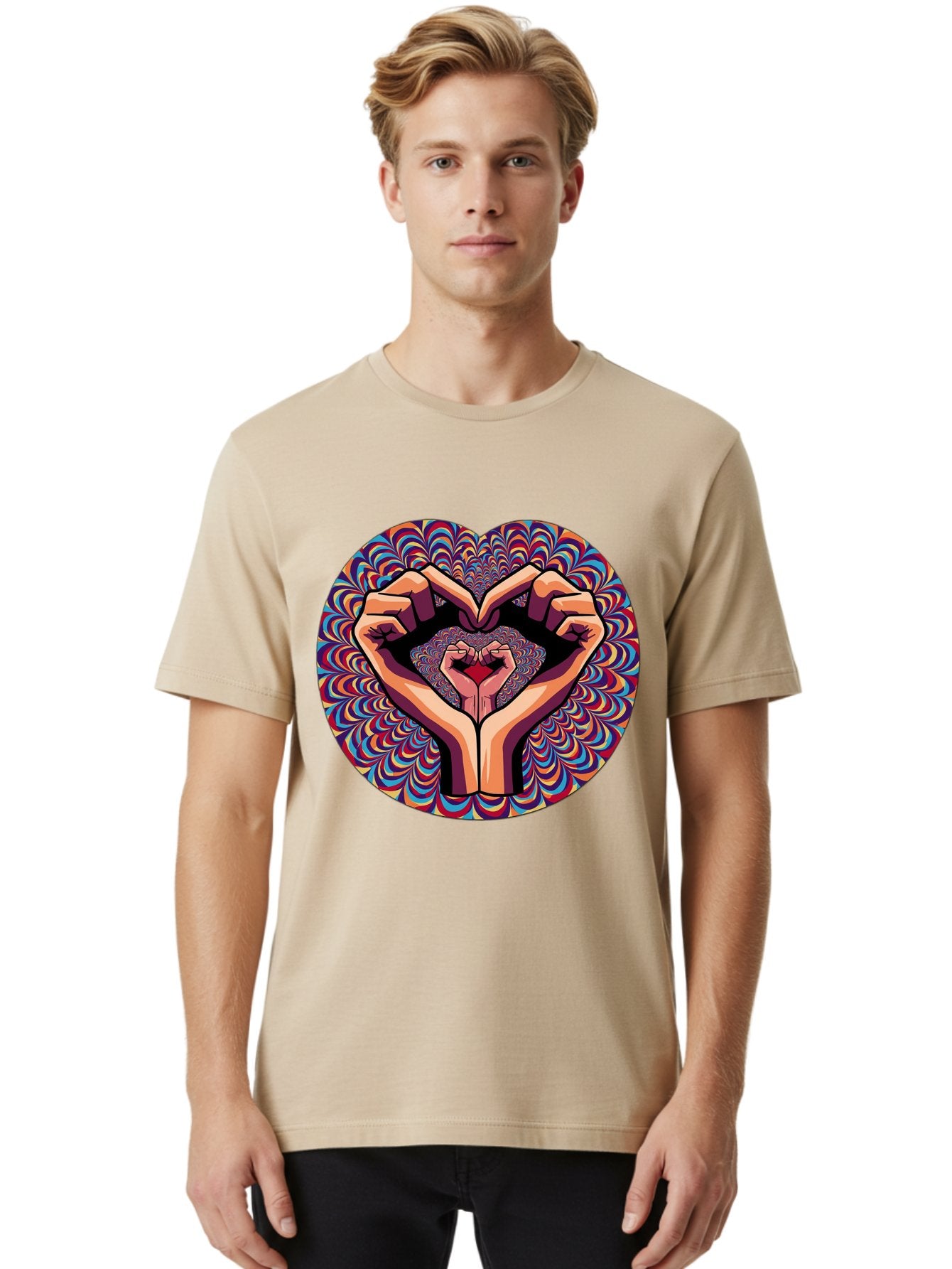 Hands-Forming-Heart-5 Men'S Graphic Tee, 100% Cotton, Comfortable Casual Summer Wear, Machine Washable, Hands Forming A Heart Shape, Psychedelic Art, Rainbow Colors, Vibrant Patterns, Love Symbol, Hand Gesture, Artistic Expression, Bac026 24