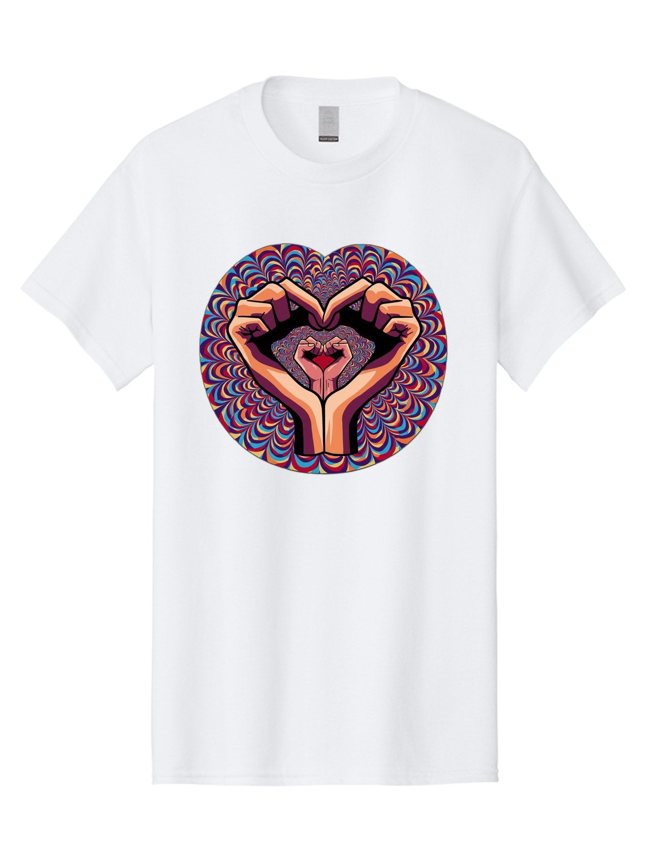 Hands-Forming-Heart-5 Men'S Graphic Tee, 100% Cotton, Comfortable Casual Summer Wear, Machine Washable, Hands Forming A Heart Shape, Psychedelic Art, Rainbow Colors, Vibrant Patterns, Love Symbol, Hand Gesture, Artistic Expression, Bac026 12
