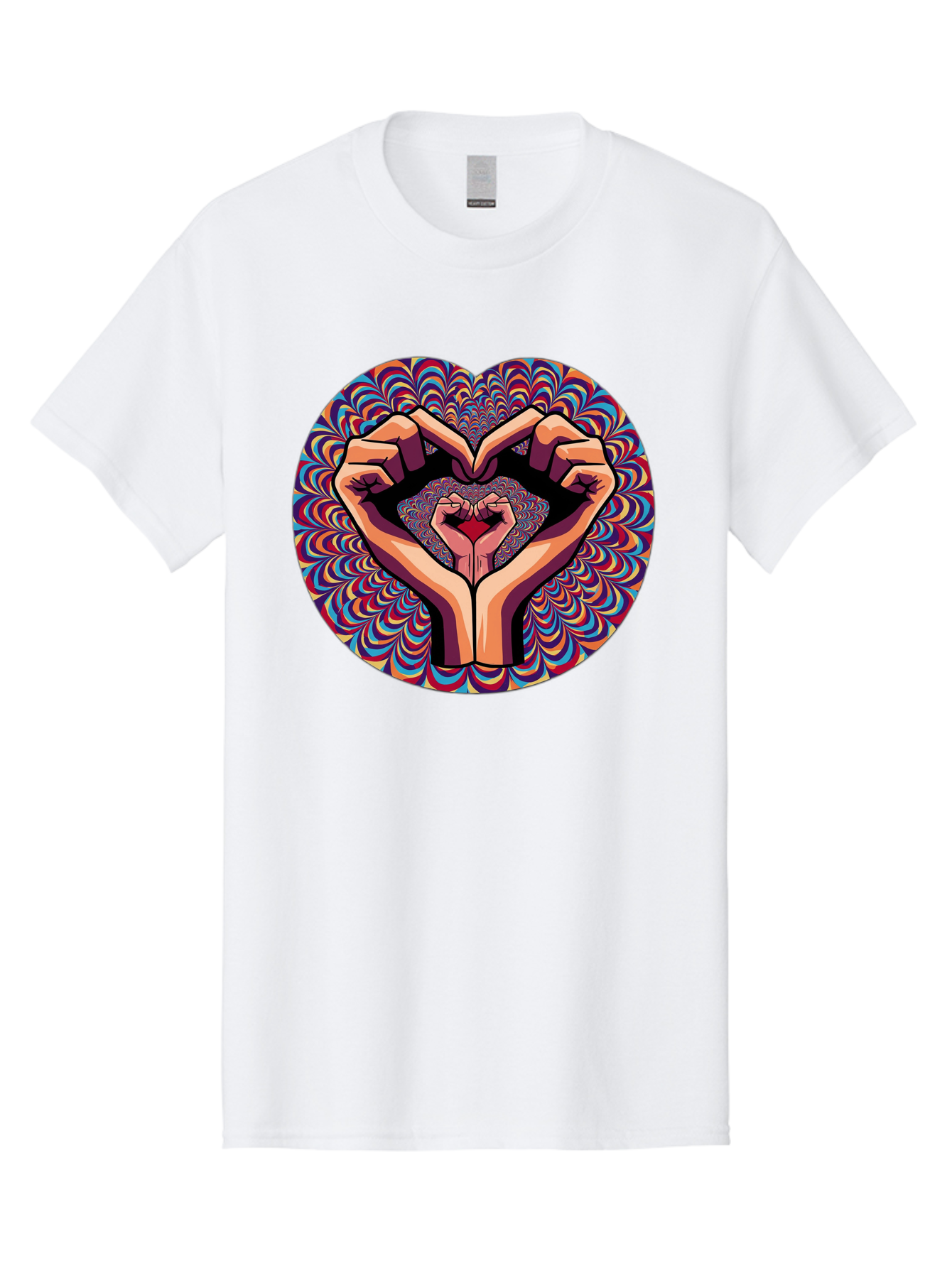 Hands-Forming-Heart-5 Men'S Graphic Tee, 100% Cotton, Comfortable Casual Summer Wear, Machine Washable, Hands Forming A Heart Shape, Psychedelic Art, Rainbow Colors, Vibrant Patterns, Love Symbol, Hand Gesture, Artistic Expression, Bac026 3