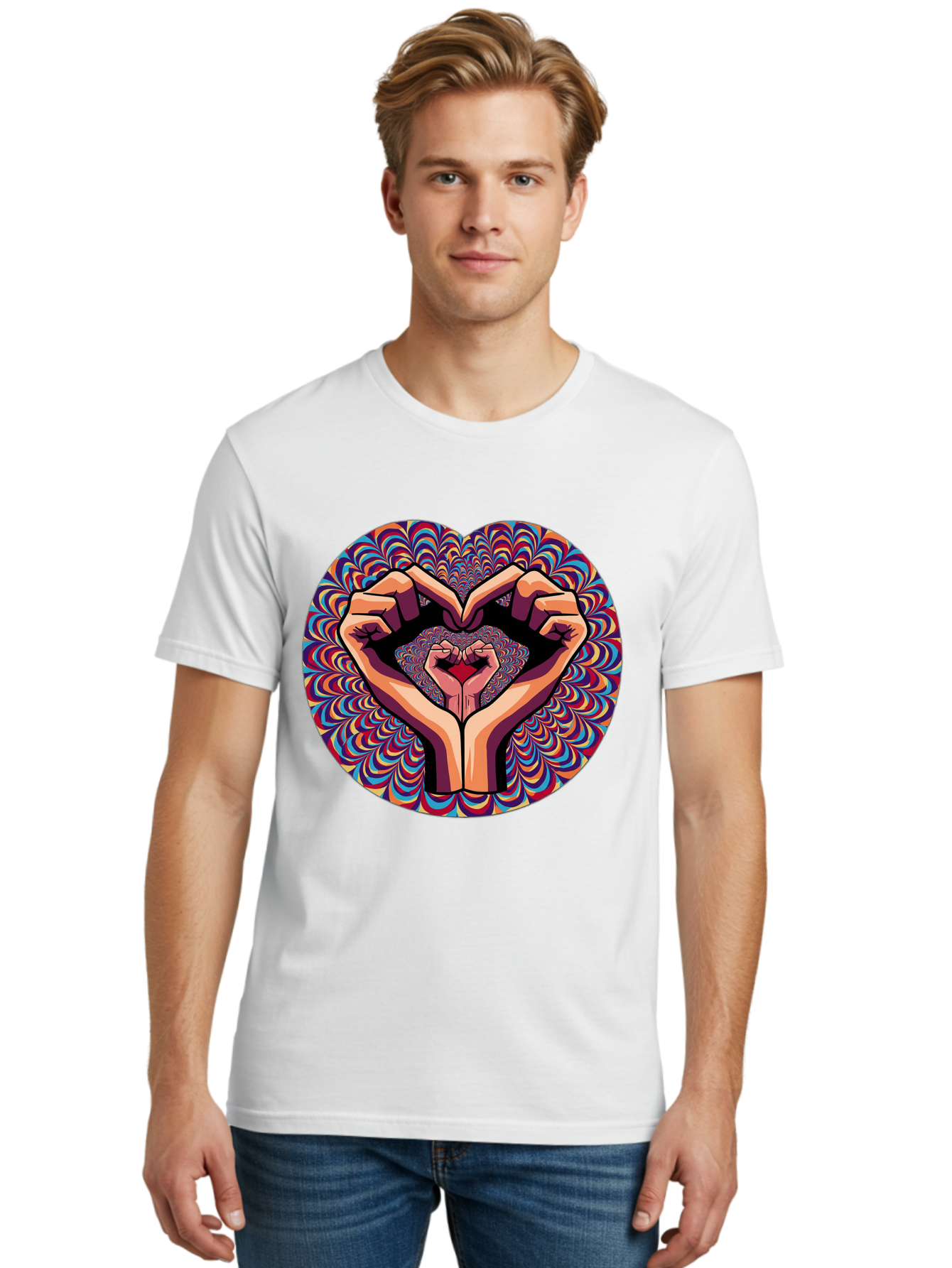 Hands-Forming-Heart-5 Men'S Graphic Tee, 100% Cotton, Comfortable Casual Summer Wear, Machine Washable, Hands Forming A Heart Shape, Psychedelic Art, Rainbow Colors, Vibrant Patterns, Love Symbol, Hand Gesture, Artistic Expression, Bac026 18