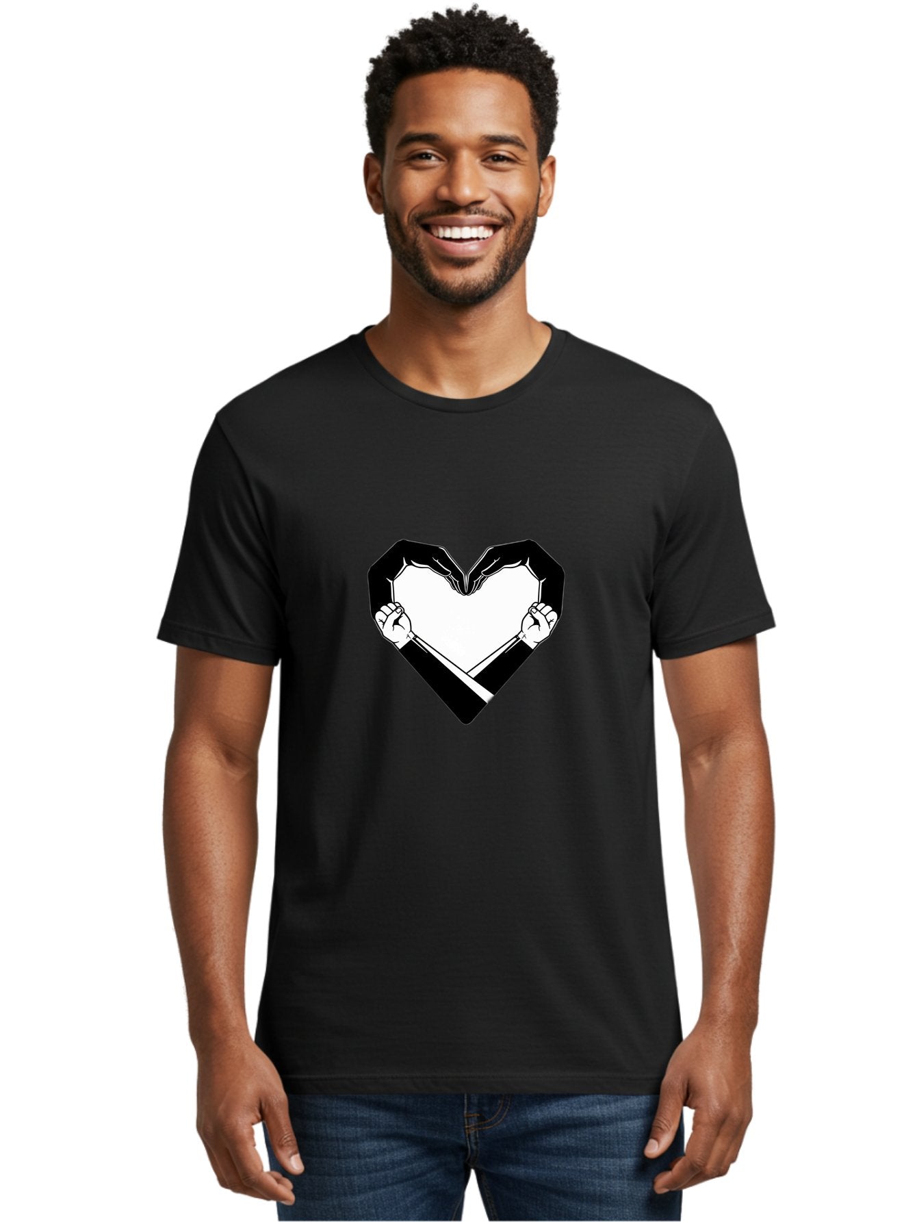 Hands-Holding-Heart Men'S Graphic Tee, 100% Cotton, Comfortable Casual Summer Wear, Machine Washable, Hands Holding Heart, Heart Shape, Black And White Graphic, Symbolic Illustration, Love Symbol, Heart Sign, Clenched Fists, Artistic Design, Bac029 26