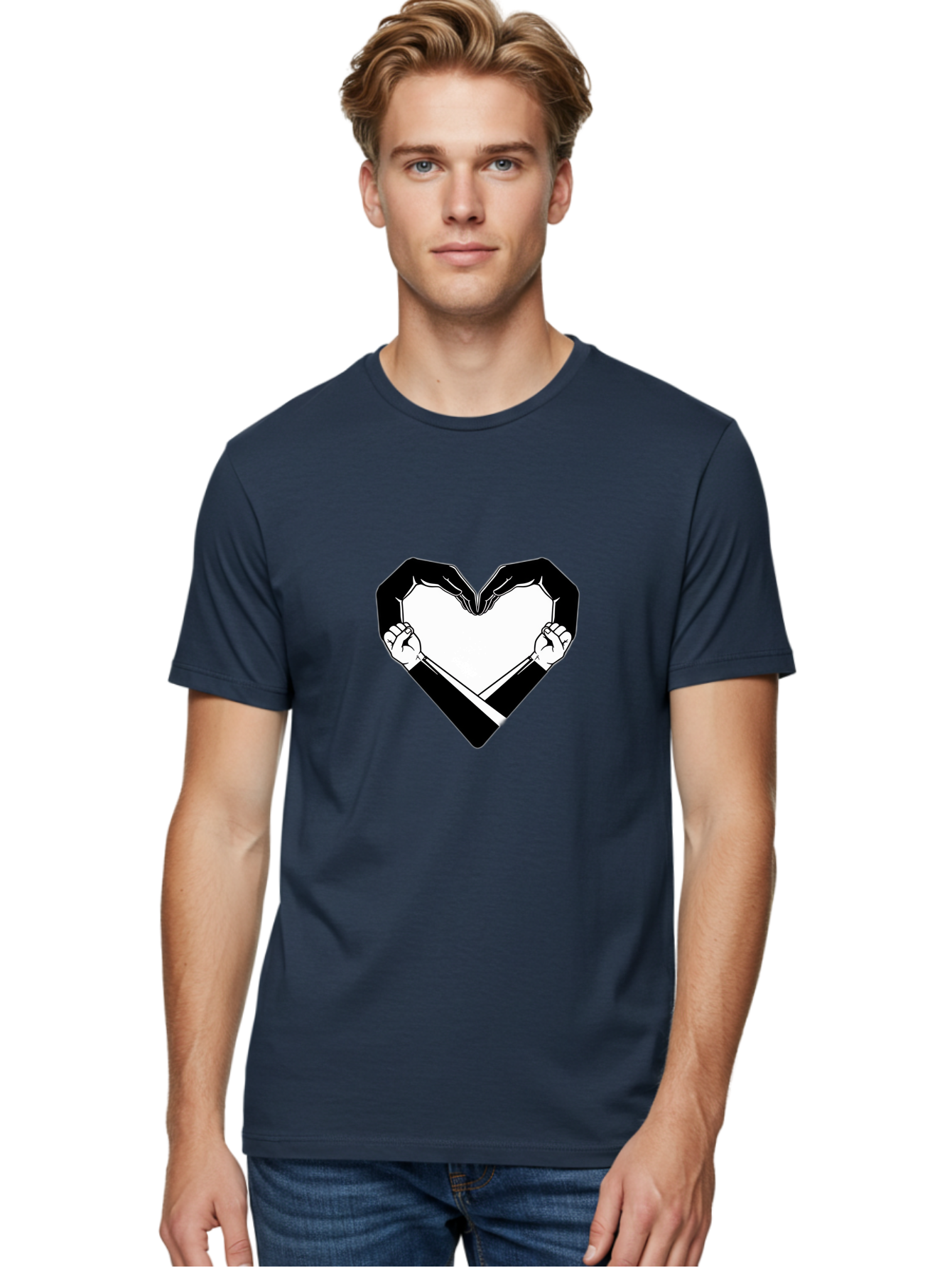 Hands-Holding-Heart Men'S Graphic Tee, 100% Cotton, Comfortable Casual Summer Wear, Machine Washable, Hands Holding Heart, Heart Shape, Black And White Graphic, Symbolic Illustration, Love Symbol, Heart Sign, Clenched Fists, Artistic Design, Bac029 29