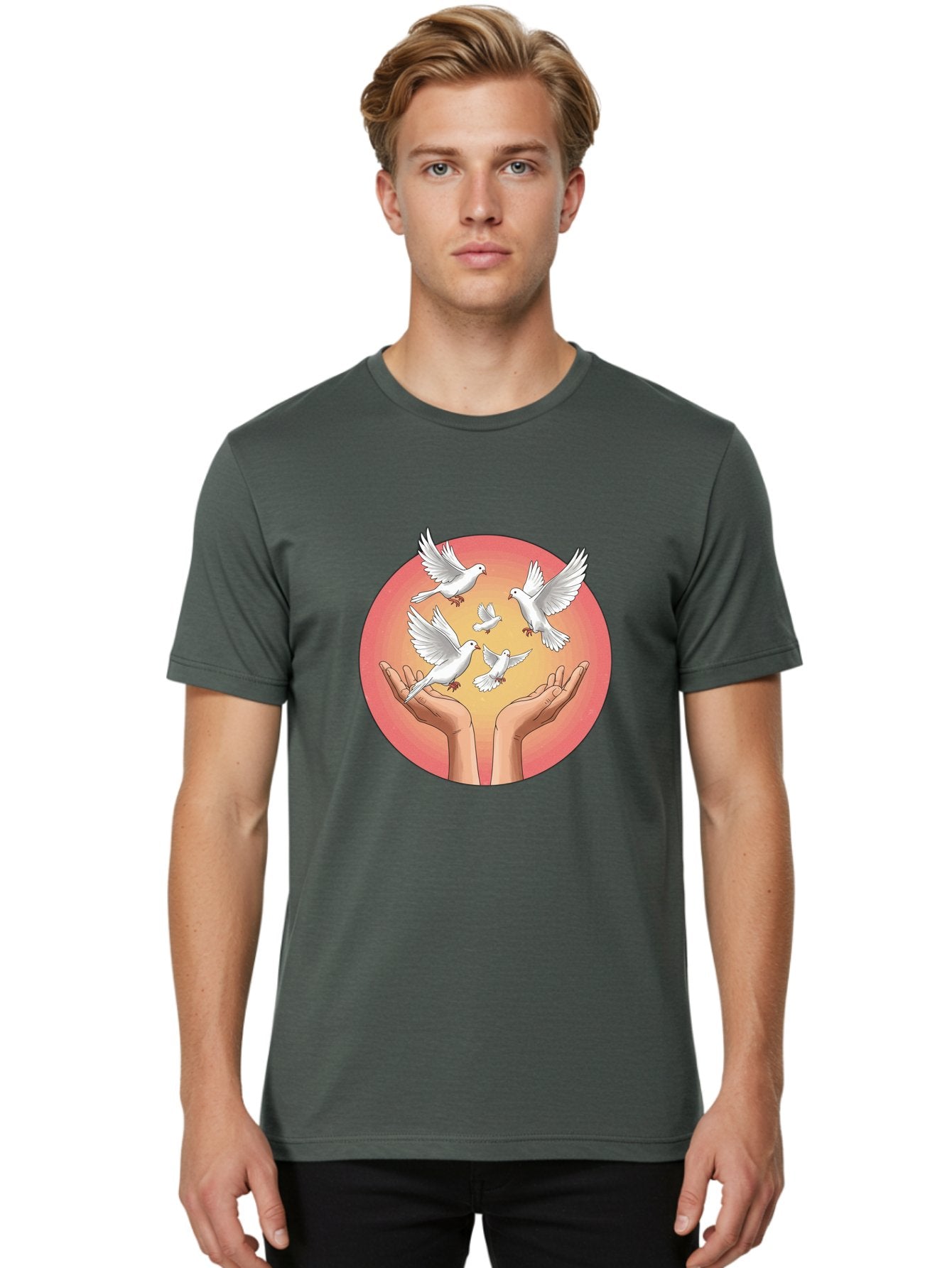 Hands-Releasing-Doves Men'S Graphic Tee, 100% Cotton, Comfortable Casual Summer Wear, Machine Washable, Doves Flying Away, Hands Releasing Birds, White Doves, Peaceful Release, Liberation, Freedom, Gentle Hands, Peaceful Atmosphere, Bac030 22