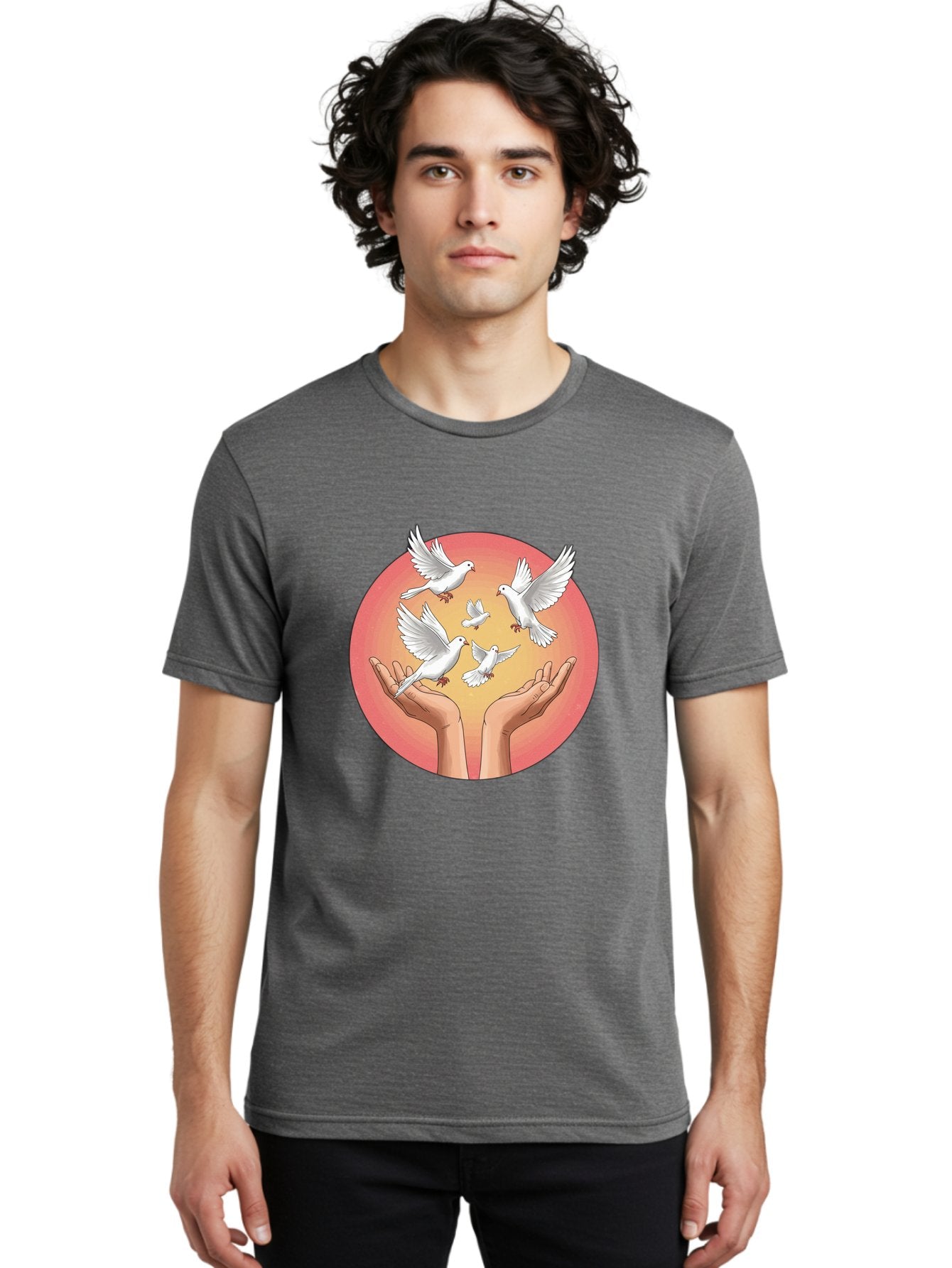 Hands-Releasing-Doves Men'S Graphic Tee, 100% Cotton, Comfortable Casual Summer Wear, Machine Washable, Doves Flying Away, Hands Releasing Birds, White Doves, Peaceful Release, Liberation, Freedom, Gentle Hands, Peaceful Atmosphere, Bac030 16