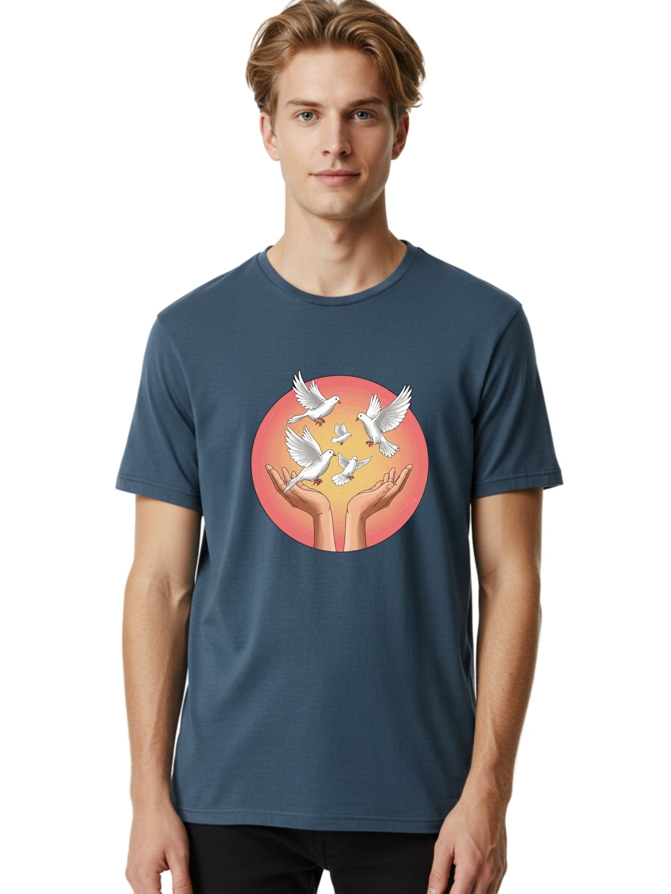 Hands-Releasing-Doves Men'S Graphic Tee, 100% Cotton, Comfortable Casual Summer Wear, Machine Washable, Doves Flying Away, Hands Releasing Birds, White Doves, Peaceful Release, Liberation, Freedom, Gentle Hands, Peaceful Atmosphere, Bac030 17