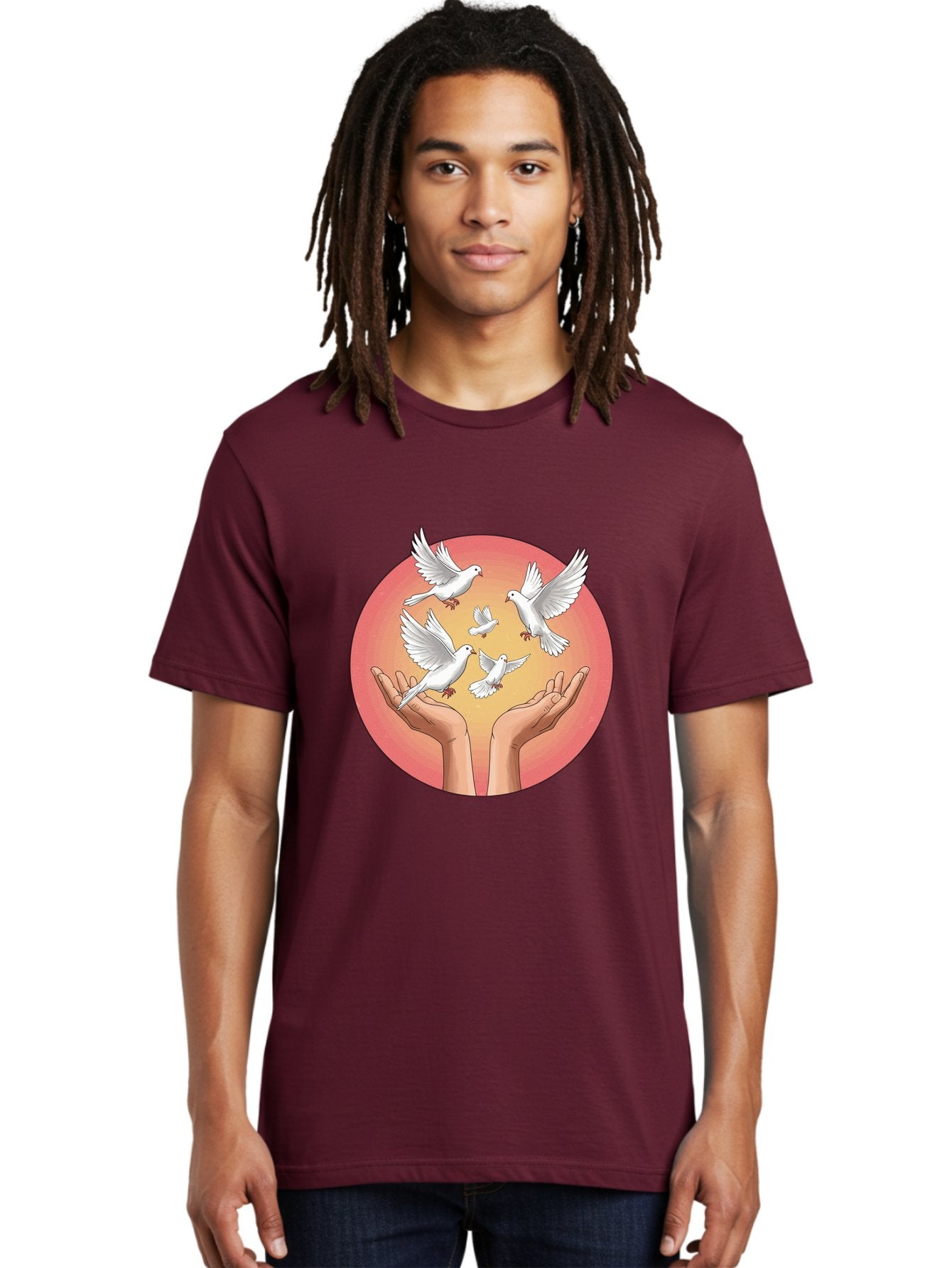 Hands-Releasing-Doves Men'S Graphic Tee, 100% Cotton, Comfortable Casual Summer Wear, Machine Washable, Doves Flying Away, Hands Releasing Birds, White Doves, Peaceful Release, Liberation, Freedom, Gentle Hands, Peaceful Atmosphere, Bac030 21