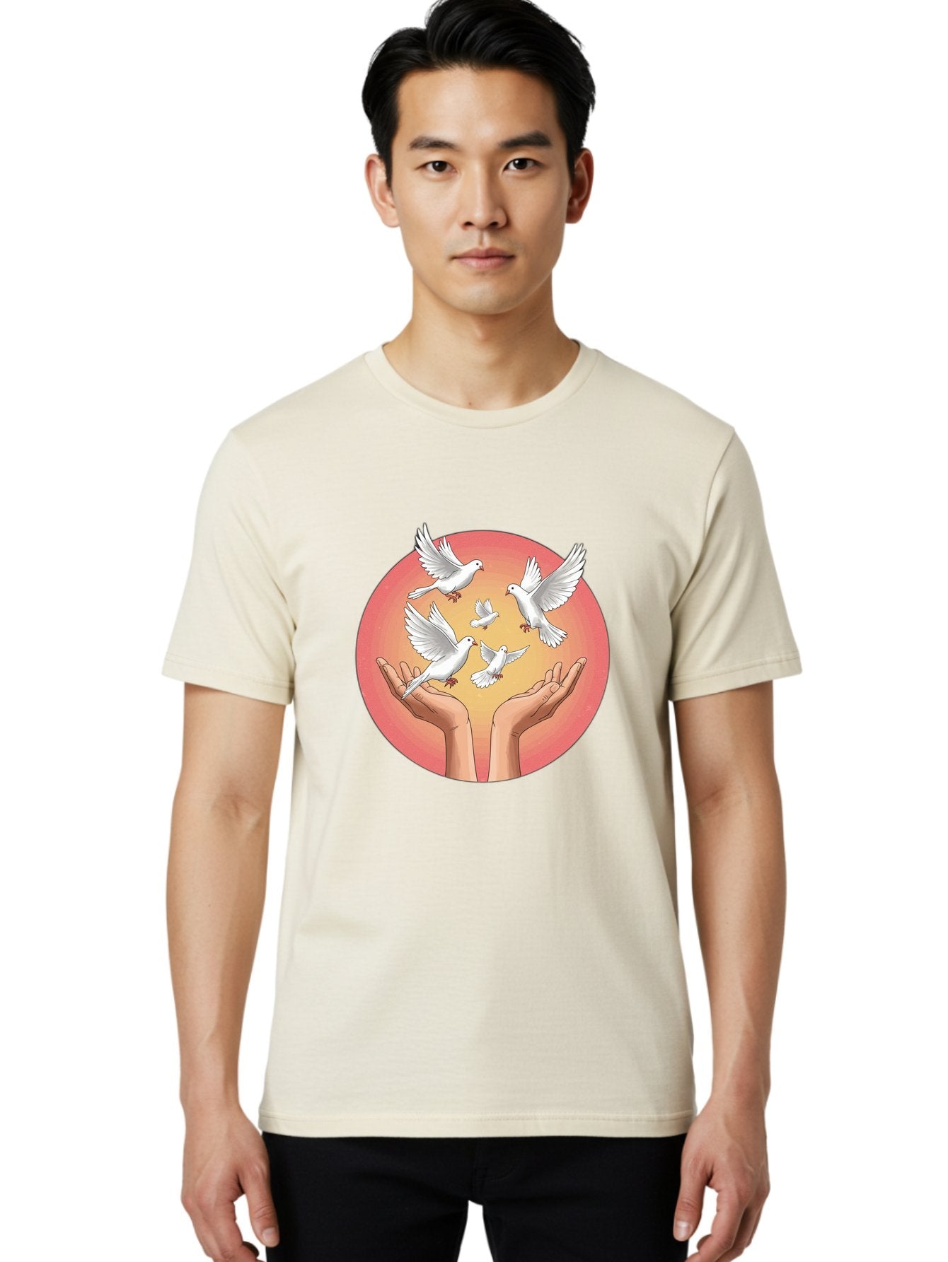 Hands-Releasing-Doves Men'S Graphic Tee, 100% Cotton, Comfortable Casual Summer Wear, Machine Washable, Doves Flying Away, Hands Releasing Birds, White Doves, Peaceful Release, Liberation, Freedom, Gentle Hands, Peaceful Atmosphere, Bac030 23