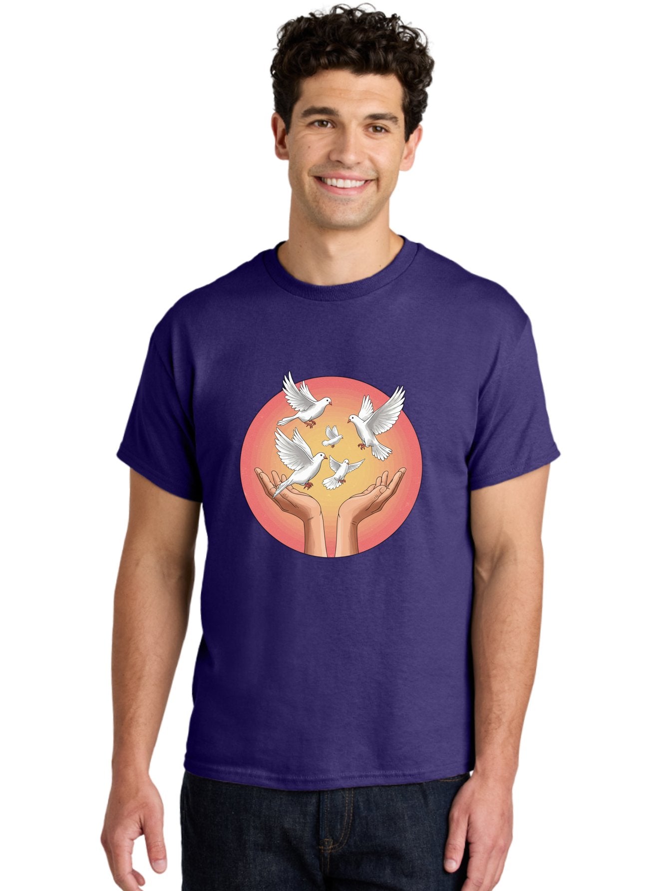 Hands-Releasing-Doves Men'S Graphic Tee, 100% Cotton, Comfortable Casual Summer Wear, Machine Washable, Doves Flying Away, Hands Releasing Birds, White Doves, Peaceful Release, Liberation, Freedom, Gentle Hands, Peaceful Atmosphere, Bac030 30