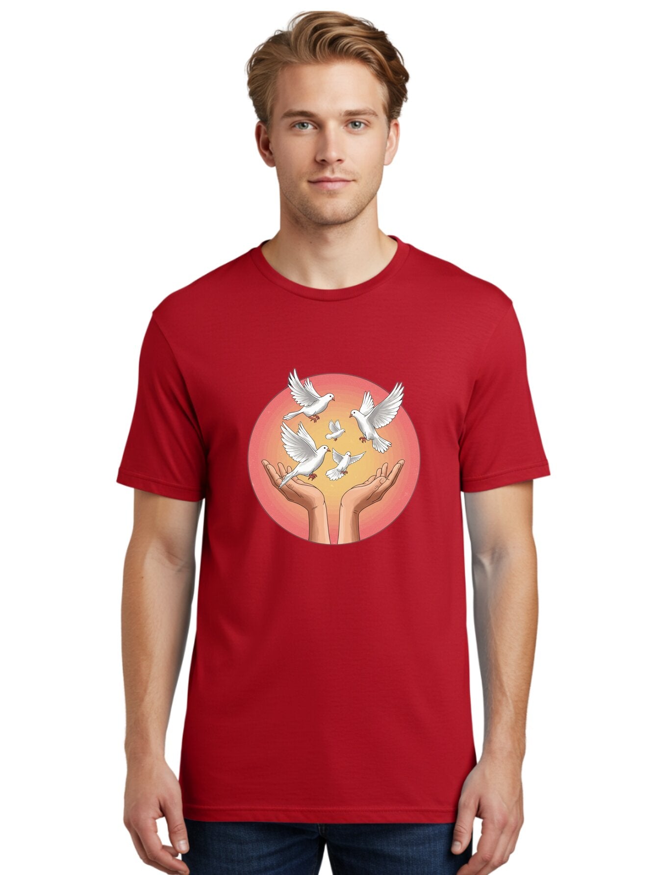 Hands-Releasing-Doves Men'S Graphic Tee, 100% Cotton, Comfortable Casual Summer Wear, Machine Washable, Doves Flying Away, Hands Releasing Birds, White Doves, Peaceful Release, Liberation, Freedom, Gentle Hands, Peaceful Atmosphere, Bac030 25