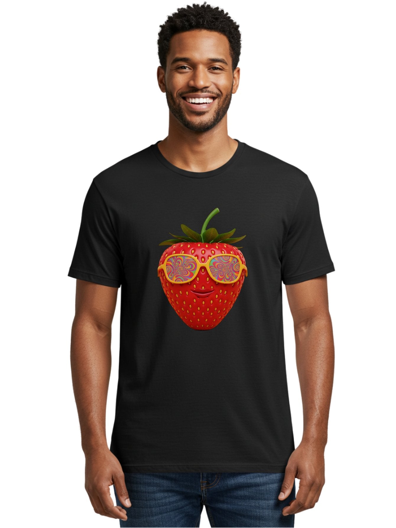 Happy-Strawberry Men'S Graphic Tee, 100% Cotton, Comfortable Casual Summer Wear, Machine Washable, Strawberry Character, Psychedelic Sunglasses, Vibrant Colors, Smiling Face, Fruit Illustration, Surreal Art, Whimsical Design, Bac033 30