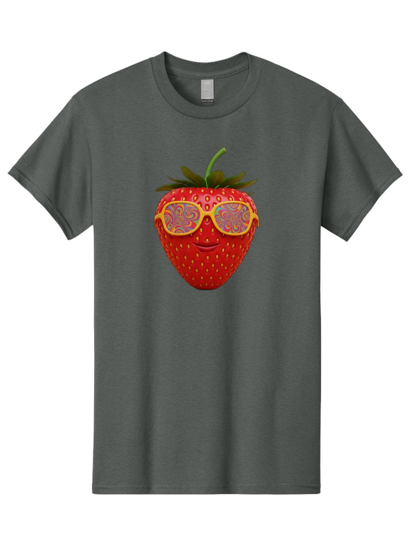 Happy-Strawberry Men'S Graphic Tee, 100% Cotton, Comfortable Casual Summer Wear, Machine Washable, Strawberry Character, Psychedelic Sunglasses, Vibrant Colors, Smiling Face, Fruit Illustration, Surreal Art, Whimsical Design, Bac033 8