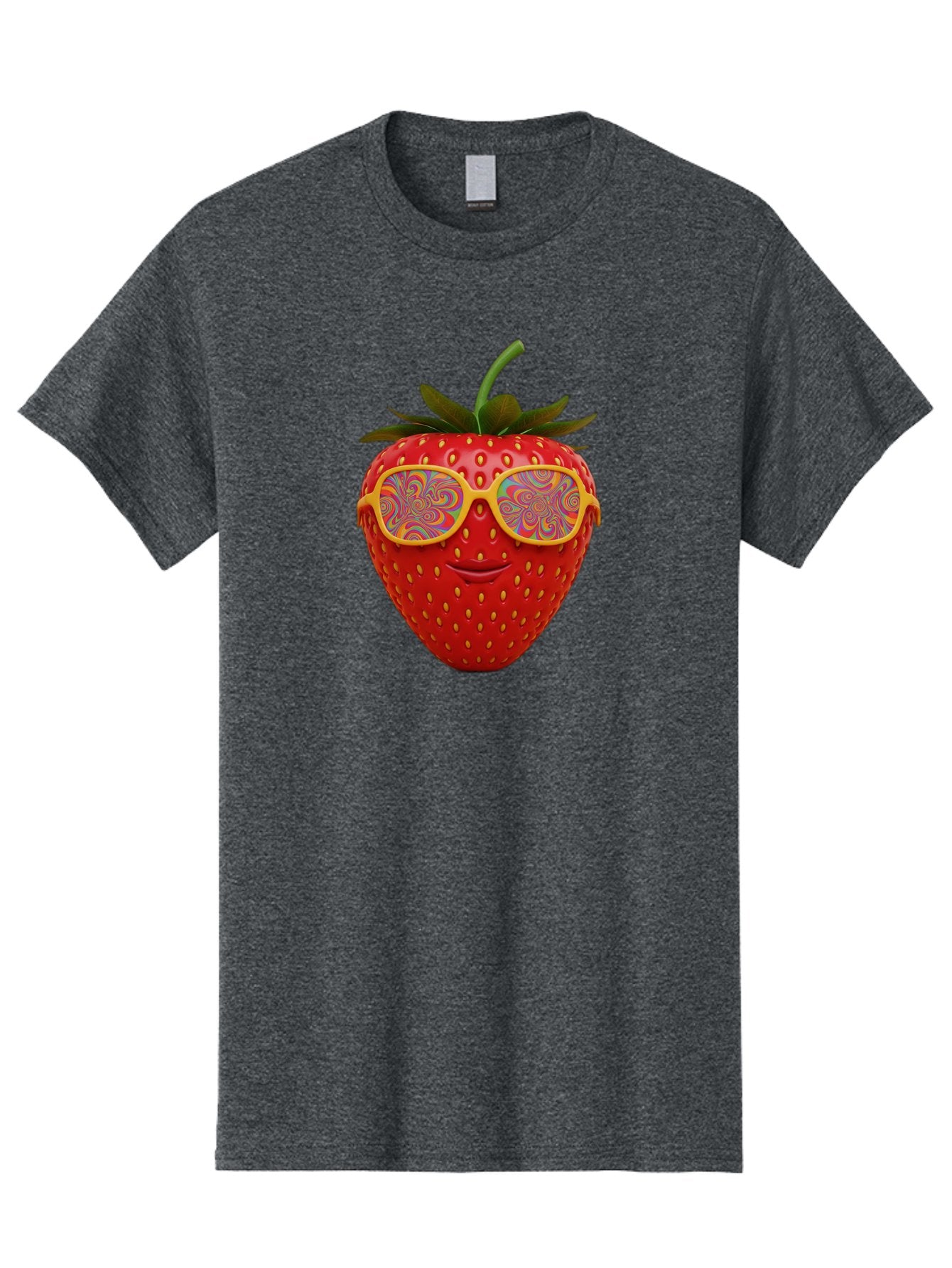 Happy-Strawberry Men'S Graphic Tee, 100% Cotton, Comfortable Casual Summer Wear, Machine Washable, Strawberry Character, Psychedelic Sunglasses, Vibrant Colors, Smiling Face, Fruit Illustration, Surreal Art, Whimsical Design, Bac033 9