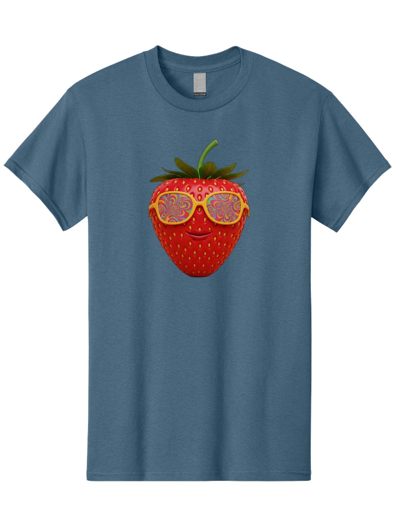 Happy-Strawberry Men'S Graphic Tee, 100% Cotton, Comfortable Casual Summer Wear, Machine Washable, Strawberry Character, Psychedelic Sunglasses, Vibrant Colors, Smiling Face, Fruit Illustration, Surreal Art, Whimsical Design, Bac033 4