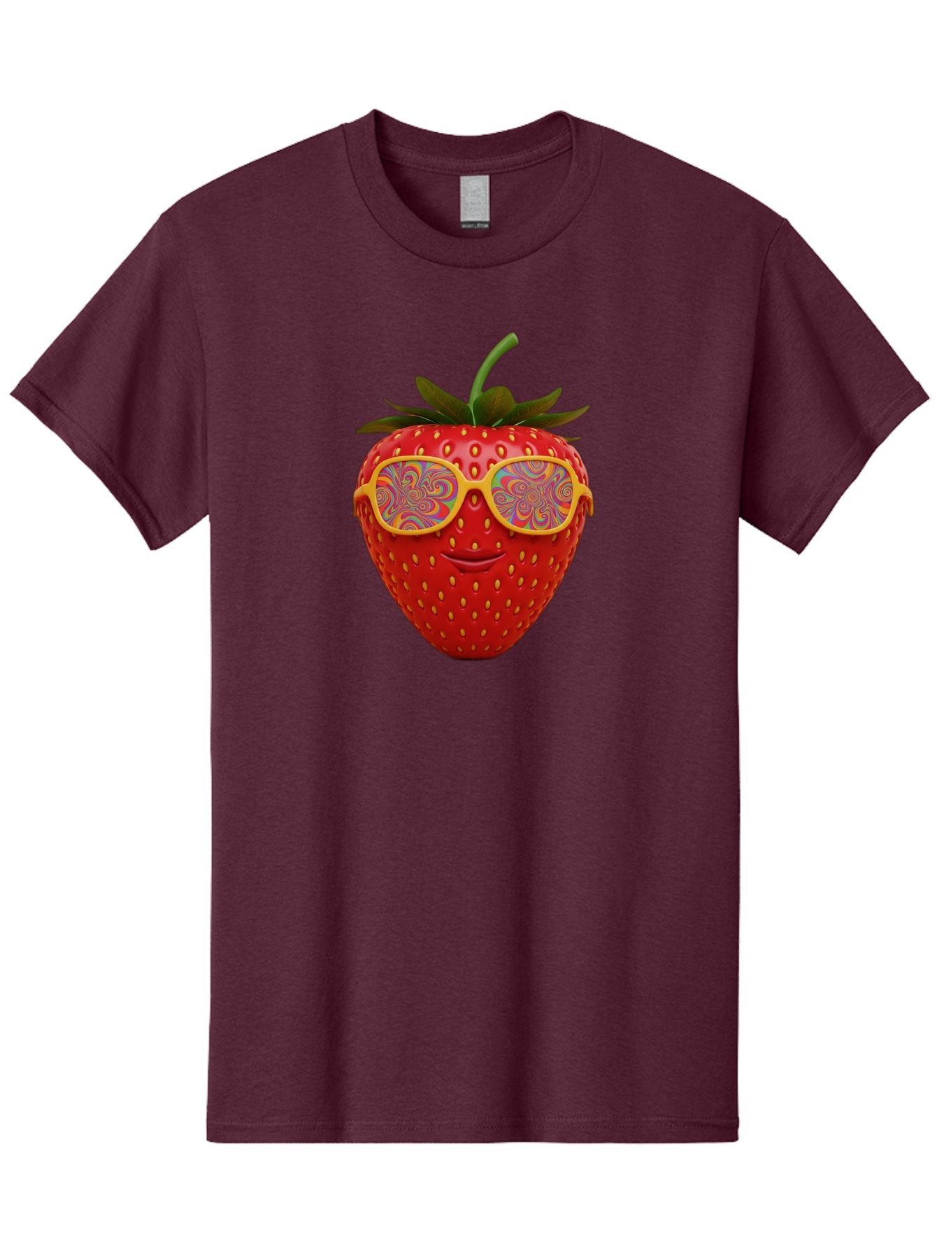Happy-Strawberry Men'S Graphic Tee, 100% Cotton, Comfortable Casual Summer Wear, Machine Washable, Strawberry Character, Psychedelic Sunglasses, Vibrant Colors, Smiling Face, Fruit Illustration, Surreal Art, Whimsical Design, Bac033